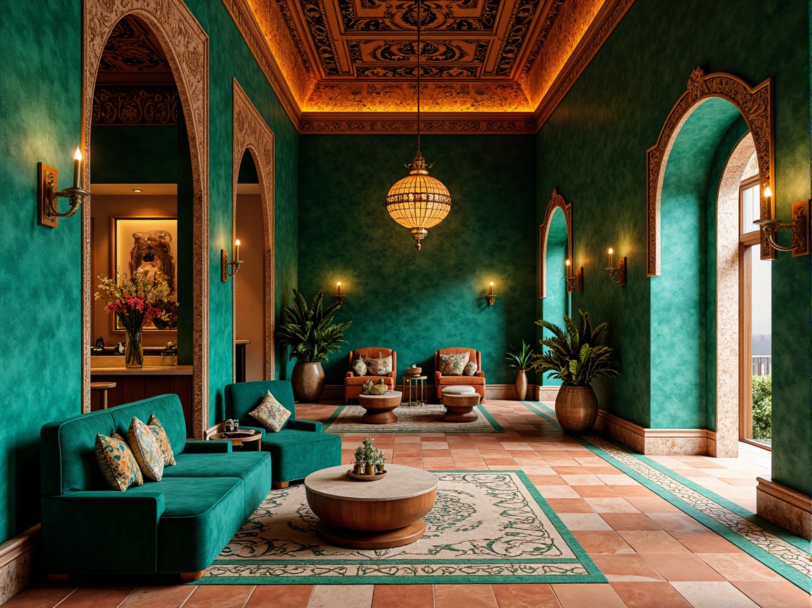 Prompt: Rich malachite green walls, ornate copper accents, earthy terracotta floors, natural stone textures, intricate geometric patterns, Moroccan-inspired arches, vibrant turquoise highlights, luxurious velvet fabrics, warm golden lighting, shallow depth of field, 1/1 composition, realistic reflections, ambient occlusion, modern eclectic architecture, boutique hotel lobby, upscale residential interior, exotic Middle Eastern influences.