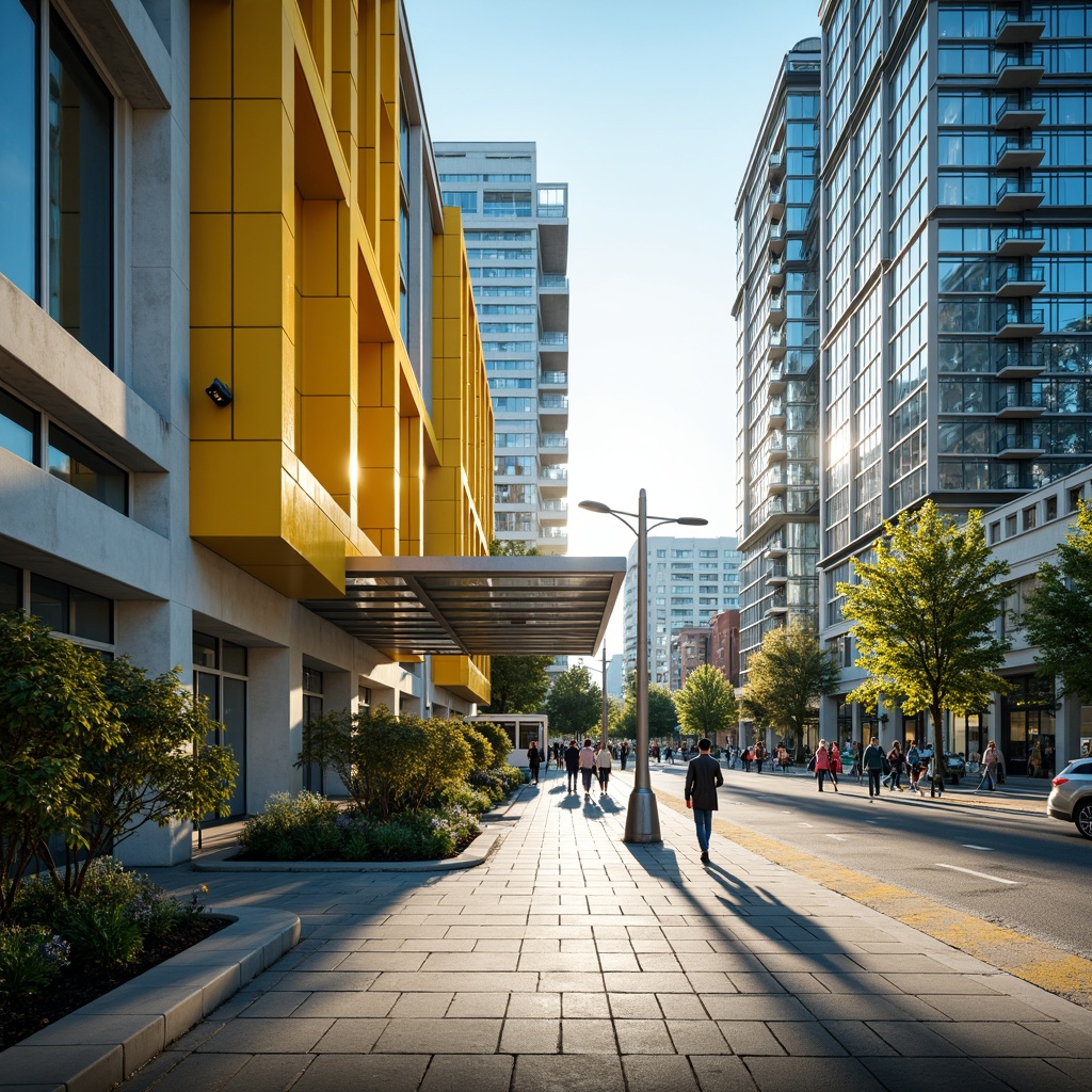 Prompt: Vibrant bus station, modern architecture, bold color scheme, bright yellow accents, deep blue tones, neutral beige walls, sleek metal frames, glass roofs, natural stone floors, urban cityscape, busy streets, morning sunlight, soft warm lighting, shallow depth of field, 3/4 composition, panoramic view, realistic textures, ambient occlusion.