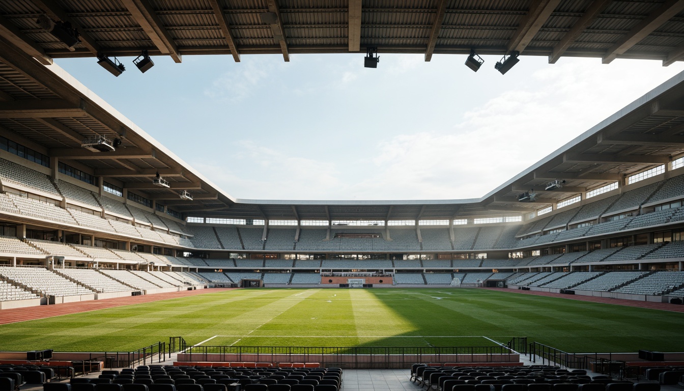 Prompt: Stadium grandstand, athletic track, lush green grass, sports equipment, ventilation systems, metal grilles, air intake vents, exhaust fans, natural light, clerestory windows, cantilevered roofs, modern architecture, sleek lines, minimalist design, functional layout, high ceilings, open spaces, airy atmosphere, soft warm lighting, shallow depth of field, 3/4 composition, panoramic view, realistic textures, ambient occlusion.