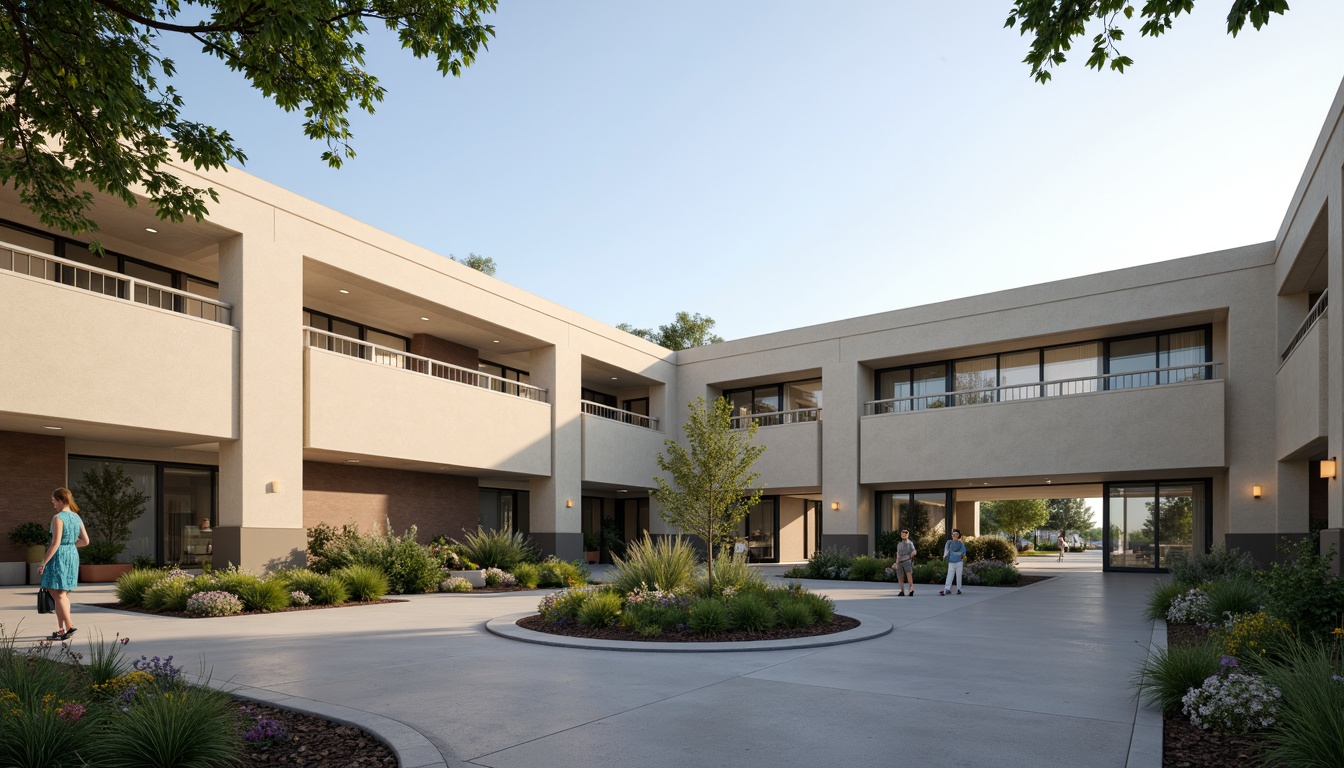 Prompt: Simple middle school facade, clean lines, minimal ornamentation, rectangular shapes, neutral color palette, beige walls, large windows, sliding glass doors, open courtyard, lush greenery, educational signage, modern LED lighting, shallow depth of field, 1/1 composition, realistic textures, ambient occlusion.