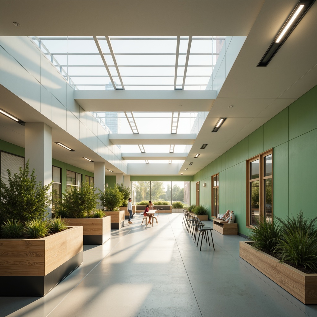 Prompt: Minimalist school building, clean lines, simple shapes, neutral color palette, natural light, clerestory windows, skylights, soft diffused lighting, LED strips, recessed lighting, subtle shadows, polished concrete floors, minimalist furniture, green walls, living plants, calm atmosphere, morning sunlight, gentle warm glow, shallow depth of field, 1/1 composition, realistic textures, ambient occlusion.