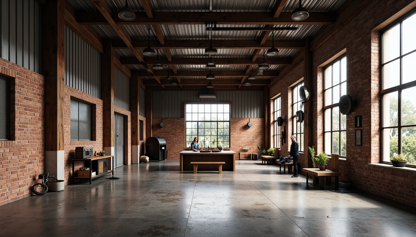 Prompt: Rustic workshop, exposed brick walls, metal cladding, industrial windows, corrugated roofing, distressed wood accents, steel beams, concrete floors, minimalist decor, functional lighting, urban landscape, gritty textures, high-contrast shadows, dramatic backlighting, 1/1 composition, symmetrical framing, bold color blocking, abstract geometric patterns.