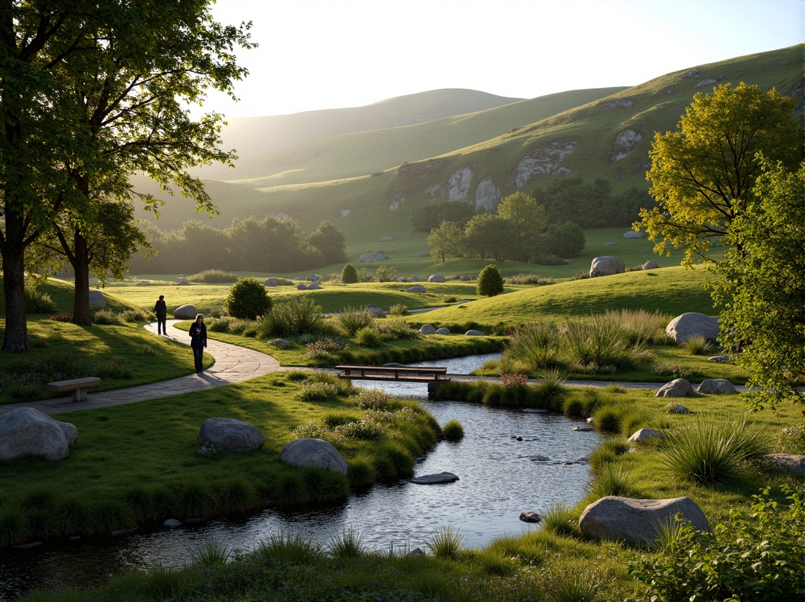 Prompt: Serene natural scenery, rolling hills, lush greenery, meandering water features, walking trails, wooden bridges, rustic benches, native plant species, organic shapes, earthy tones, blended boundaries, seamless transitions, soft warm lighting, atmospheric perspective, 1/2 composition, intimate scale, realistic textures, ambient occlusion.