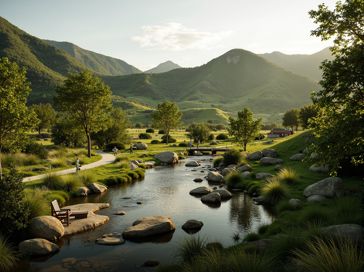 Prompt: Serene natural scenery, rolling hills, lush greenery, meandering water features, walking trails, wooden bridges, rustic benches, native plant species, organic shapes, earthy tones, blended boundaries, seamless transitions, soft warm lighting, atmospheric perspective, 1/2 composition, intimate scale, realistic textures, ambient occlusion.