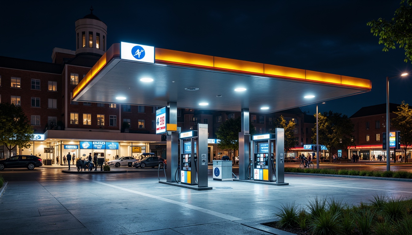 Prompt: Modern gas station, sleek metal canopy, LED lighting, polished concrete floors, stainless steel fuel pumps, glass and aluminum fa\u00e7ade, industrial-style signage, urban landscape, busy streets, vibrant city lights, dramatic nighttime illumination, high-contrast shadows, 1/1 composition, shallow depth of field, realistic reflections, ambient occlusion.