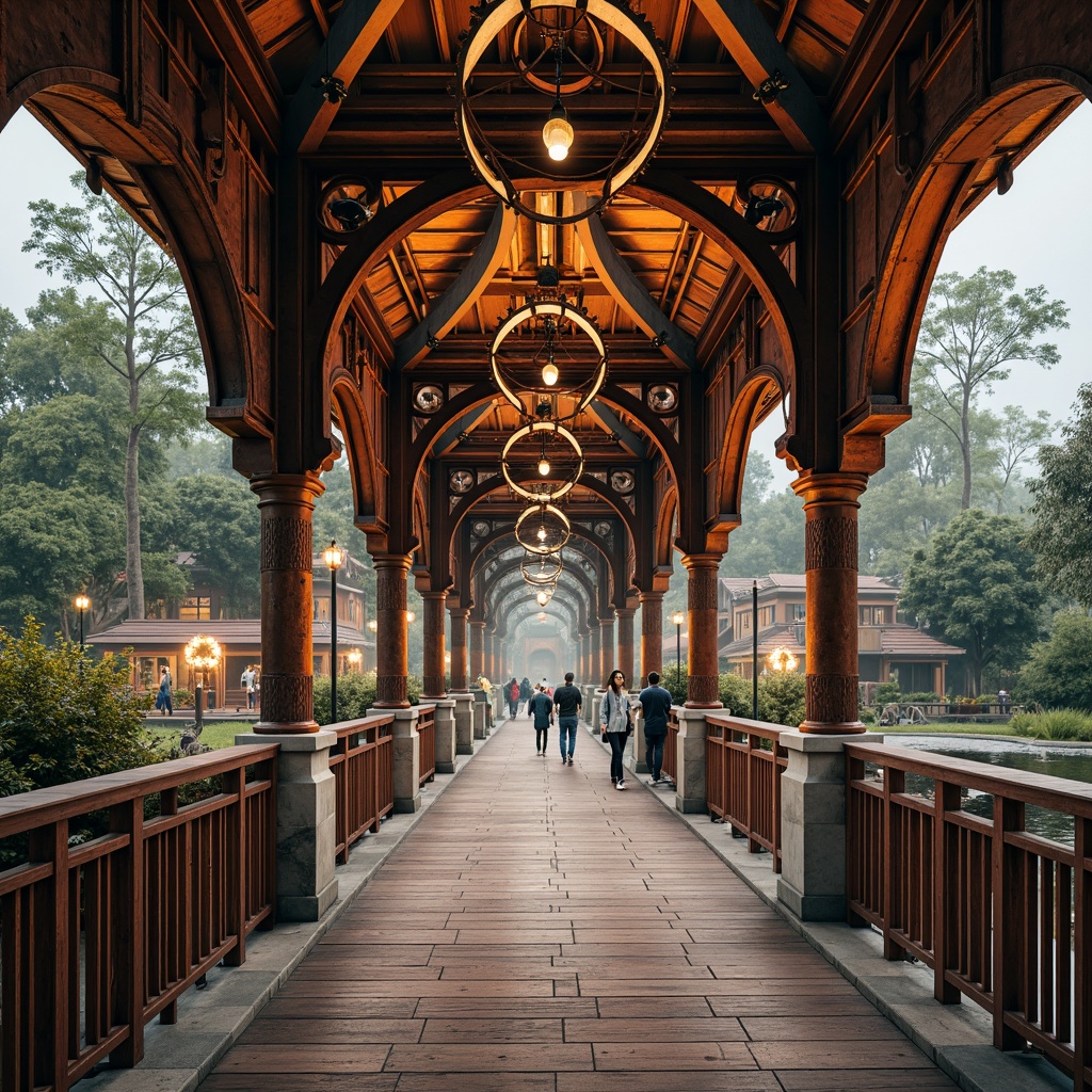 Prompt: Ornate pedestrian bridge, eclectic mix of materials, rusty metal beams, wooden planks, stone pillars, intricate ironwork, curved arches, ornamental lanterns, vibrant color scheme, bold geometric patterns, asymmetrical design, dynamic shapes, playful lighting fixtures, warm golden lighting, misty atmosphere, serene water reflections, lush greenery surroundings, natural stone walkways, 3/4 composition, shallow depth of field, realistic textures, ambient occlusion.