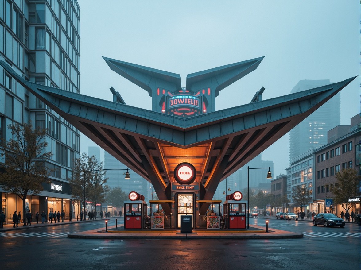 Prompt: Retro-futuristic gas station, structuralist architecture, bold geometric shapes, cantilevered canopies, angular lines, industrial materials, steel beams, concrete walls, neon signage, vibrant color schemes, futuristic lighting, urban cityscape, busy streets, morning fog, shallow depth of field, 1/1 composition, symmetrical framing, high-contrast textures, ambient occlusion.