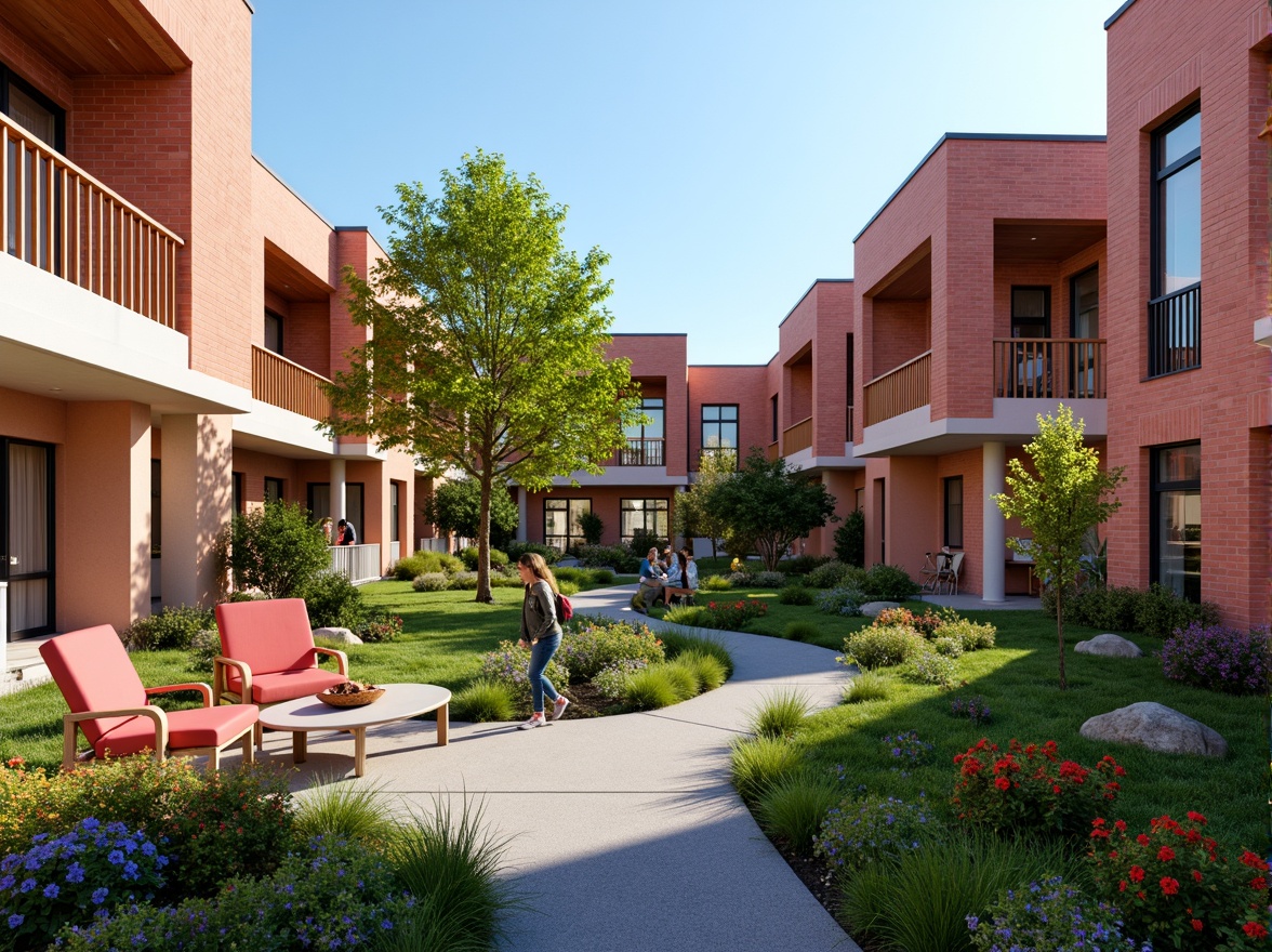 Prompt: Vibrant student dormitories, suburban landscape, lush greenery, colorful flowers, modern architecture, brick buildings, large windows, glass doors, wooden accents, cozy communal spaces, comfortable furniture, soft warm lighting, shallow depth of field, 3/4 composition, panoramic view, realistic textures, ambient occlusion, playful color scheme, bright coral walls, creamy white trim, deep blue accents, sunny day, cheerful atmosphere.