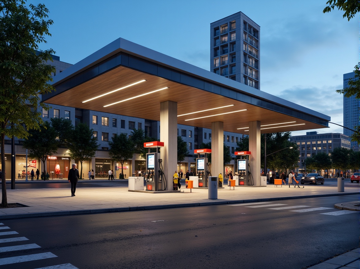 Prompt: Modern gas station, sleek metal canopy, bright LED lighting, fuel pumps with digital displays, concrete pavement, urban cityscape, busy streets, morning rush hour, soft warm lighting, shallow depth of field, 3/4 composition, panoramic view, realistic textures, ambient occlusion, functional layout, efficient traffic flow, convenient parking spaces, well-lit signage, safety cameras, secure payment systems, clean and tidy facilities, comfortable waiting areas, modern amenities.