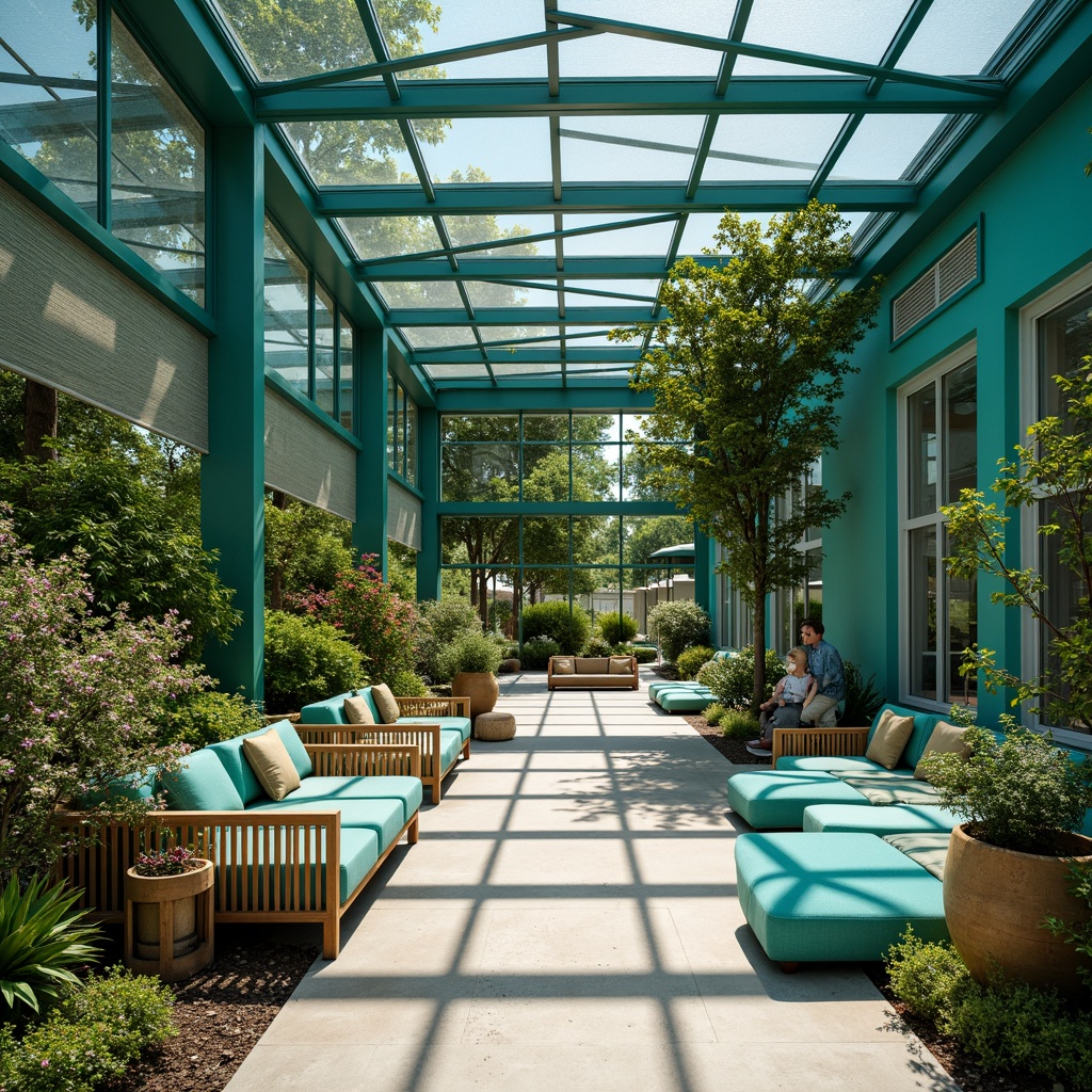 Prompt: Vibrant teal accents, refreshing atmosphere, invigorating spaces, modern minimalist decor, sleek metal frames, glass partitions, polished concrete floors, natural textiles, woven fibers, organic shapes, calming ambiance, soft warm lighting, shallow depth of field, 1/1 composition, realistic reflections, ambient occlusion, lush greenery, potted plants, blooming flowers, sunny day, outdoor connections, floor-to-ceiling windows, sliding glass doors.