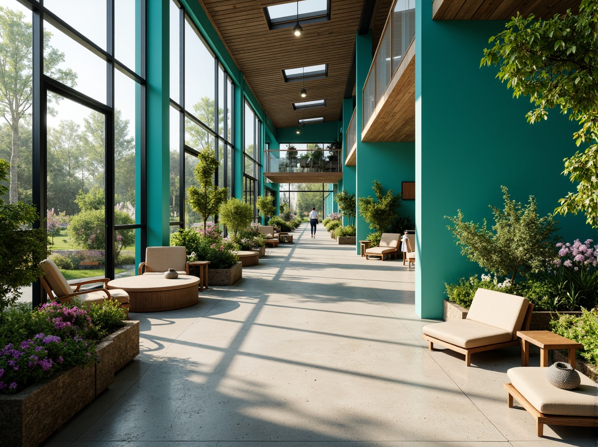 Prompt: Vibrant teal accents, refreshing atmosphere, invigorating spaces, modern minimalist decor, sleek metal frames, glass partitions, polished concrete floors, natural textiles, woven fibers, organic shapes, calming ambiance, soft warm lighting, shallow depth of field, 1/1 composition, realistic reflections, ambient occlusion, lush greenery, potted plants, blooming flowers, sunny day, outdoor connections, floor-to-ceiling windows, sliding glass doors.