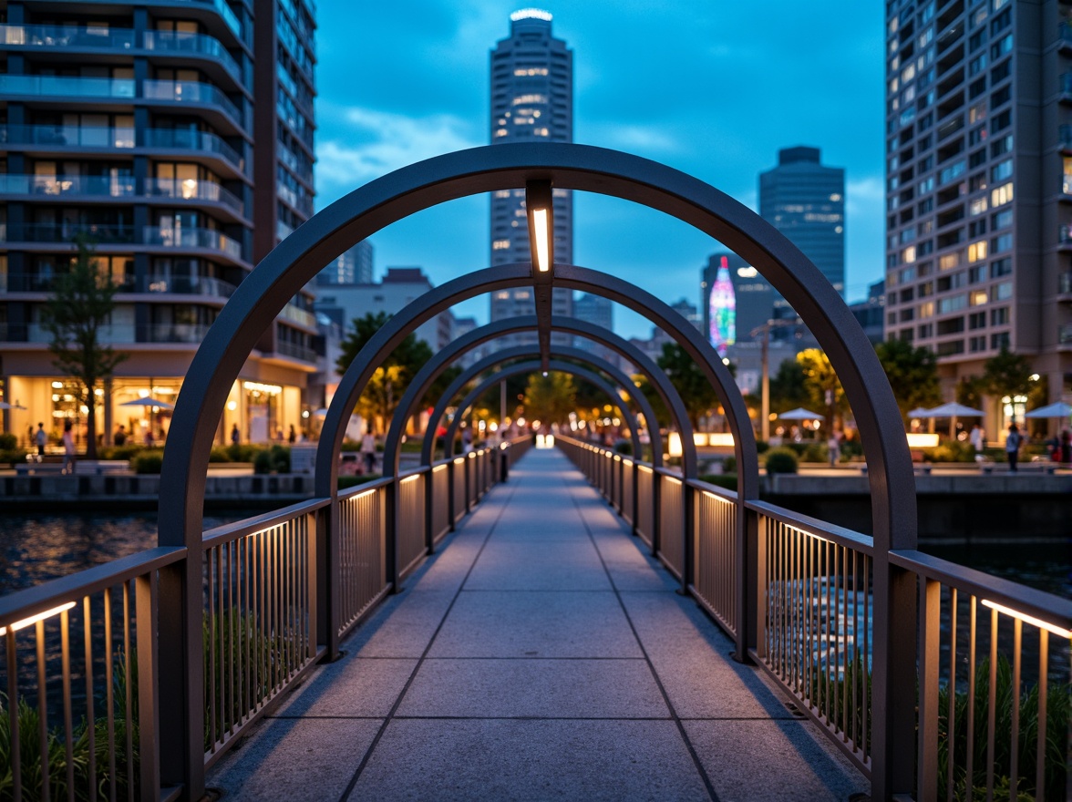 Prompt: Curved pedestrian bridge, sleek metal railings, minimalist design, modern urban landscape, city skyline views, vibrant streetlights, evening ambiance, soft warm glow, shallow depth of field, 3/4 composition, panoramic view, realistic textures, ambient occlusion, dynamic shapes, geometric forms, structural elegance, functional simplicity, pedestrian-friendly infrastructure, accessible walkways, safety features, innovative materials, sustainable construction methods.