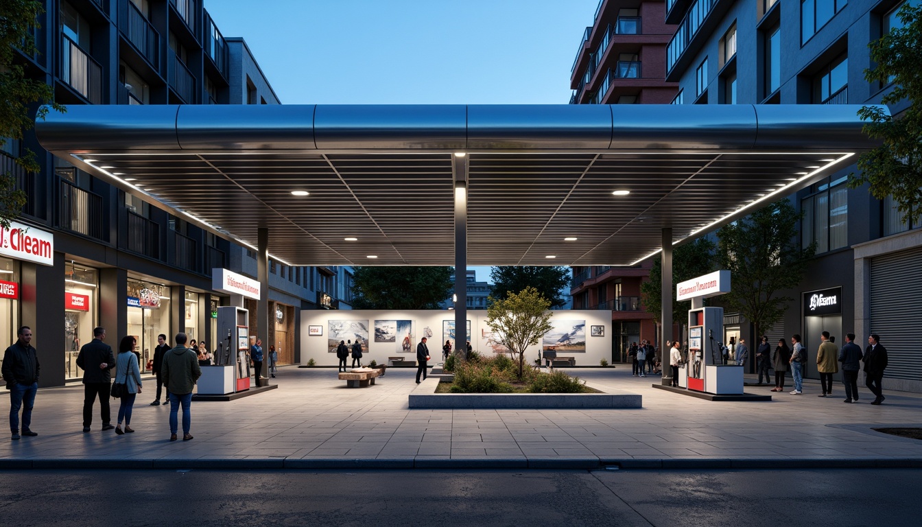 Prompt: Modern gas station, sleek metal canopy, LED lighting, stainless steel fuel pumps, concrete pavement, asphalt roads, urban landscape, busy streets, neon signage, bold color schemes, industrial materials, corrugated metal walls, glass fa\u00e7ade, minimalist design, functional layout, efficient traffic flow, safety features, emergency response systems, floodlighting, shallow depth of field, 1/1 composition, realistic textures, ambient occlusion.