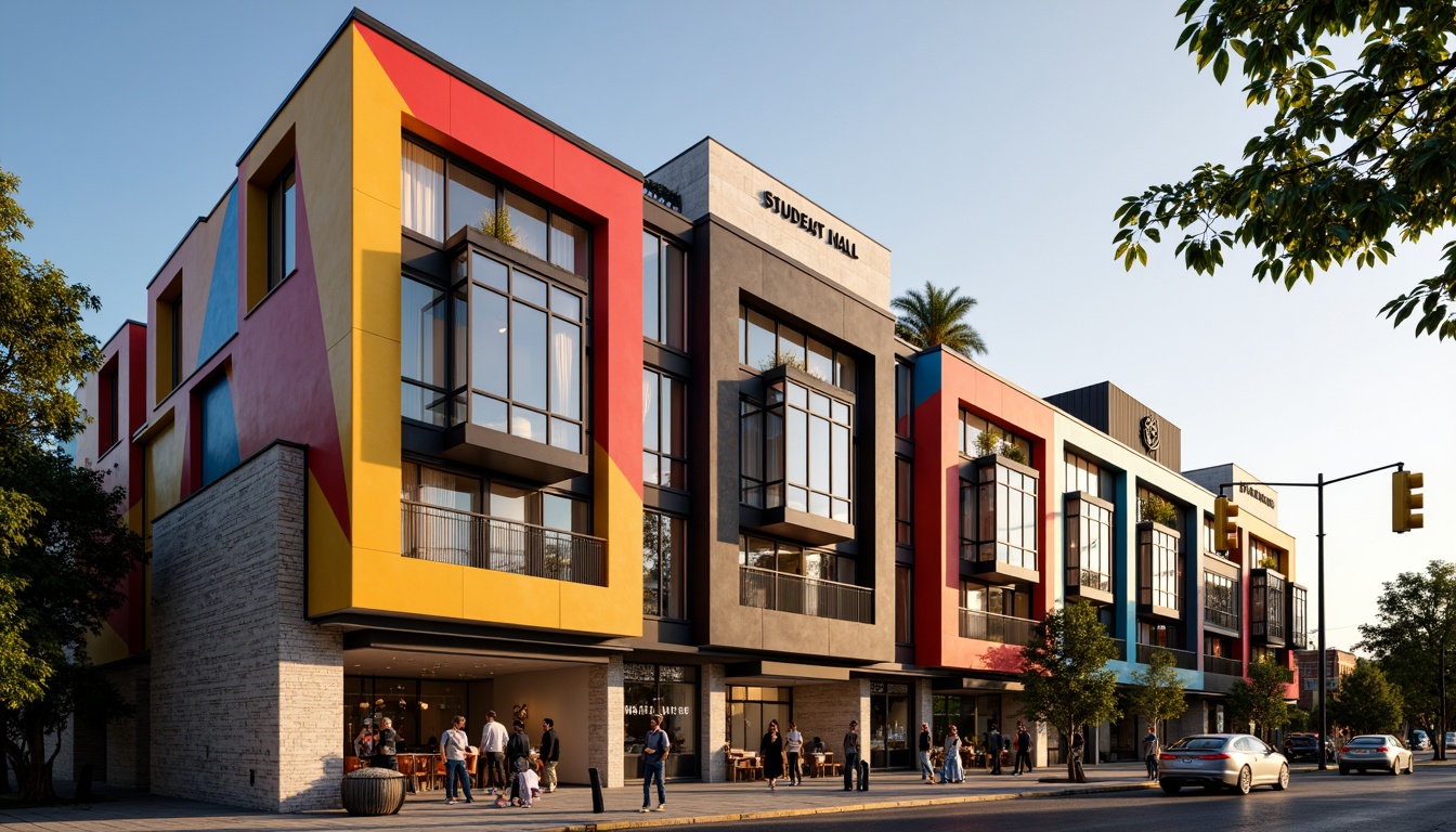 Prompt: Vibrant student hall, eclectic facade design, bold color blocking, irregular shape patterns, mixed material textures, brick and glass combination, ornate metal details, intricate stone carvings, asymmetrical composition, dynamic lighting effects, warm golden hour, shallow depth of field, 1/2 composition, realistic render, ambient occlusion, detailed architectural ornaments.