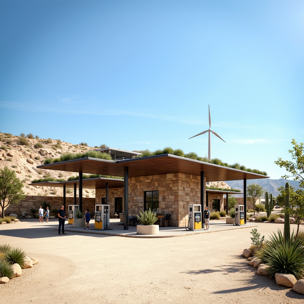 Prompt: Rustic gas station, natural stone walls, green roofs, solar panels, wind turbines, eco-friendly materials, modern minimalist architecture, angular lines, sleek metal canopies, shaded outdoor spaces, misting systems, desert landscape, sandy dunes, cactus plants, hot sunny day, clear blue sky, vast open space, integrated landscaping, native plant species, drought-resistant vegetation, efficient irrigation systems, scenic views, panoramic vistas, shallow depth of field, 3/4 composition, realistic textures, ambient occlusion.