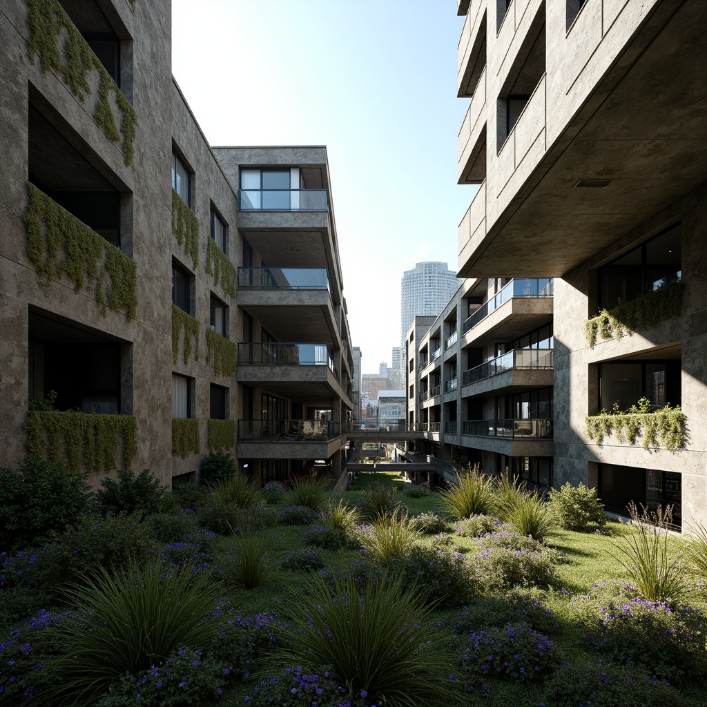 Prompt: Rugged brutalist buildings, raw concrete textures, fortress-like structures, overgrown vegetation, wildflowers, moss-covered walls, weathered steel beams, industrial materials, urban landscape integration, cityscape views, elevated walkways, cantilevered sections, dramatic shadows, harsh natural light, 1/1 composition, symmetrical framing, high-contrast lighting, gritty realistic textures, ambient occlusion.