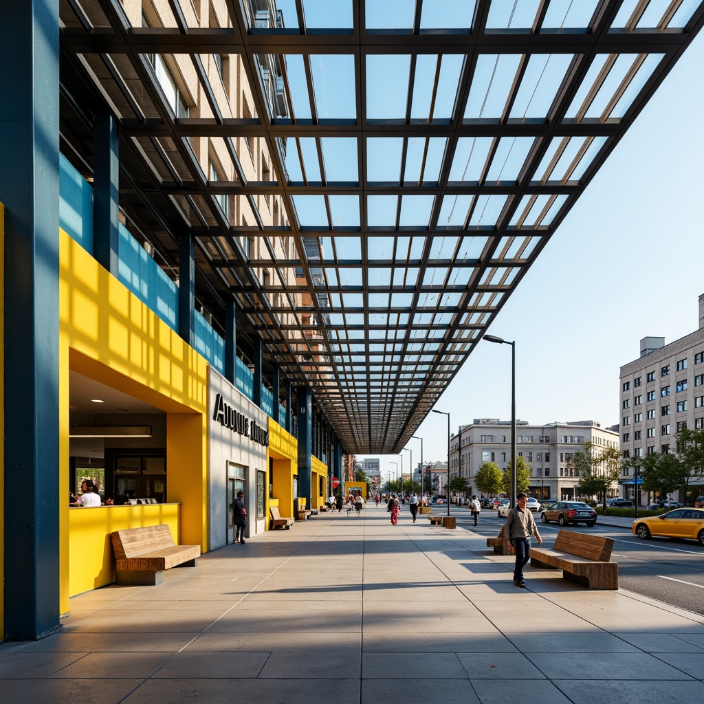 Prompt: Vibrant bus station, modern architecture, bold color scheme, bright yellow accents, deep blue tones, neutral beige walls, sleek metal frames, glass roofs, natural stone floors, urban cityscape, busy streets, morning sunlight, soft warm lighting, shallow depth of field, 3/4 composition, panoramic view, realistic textures, ambient occlusion.