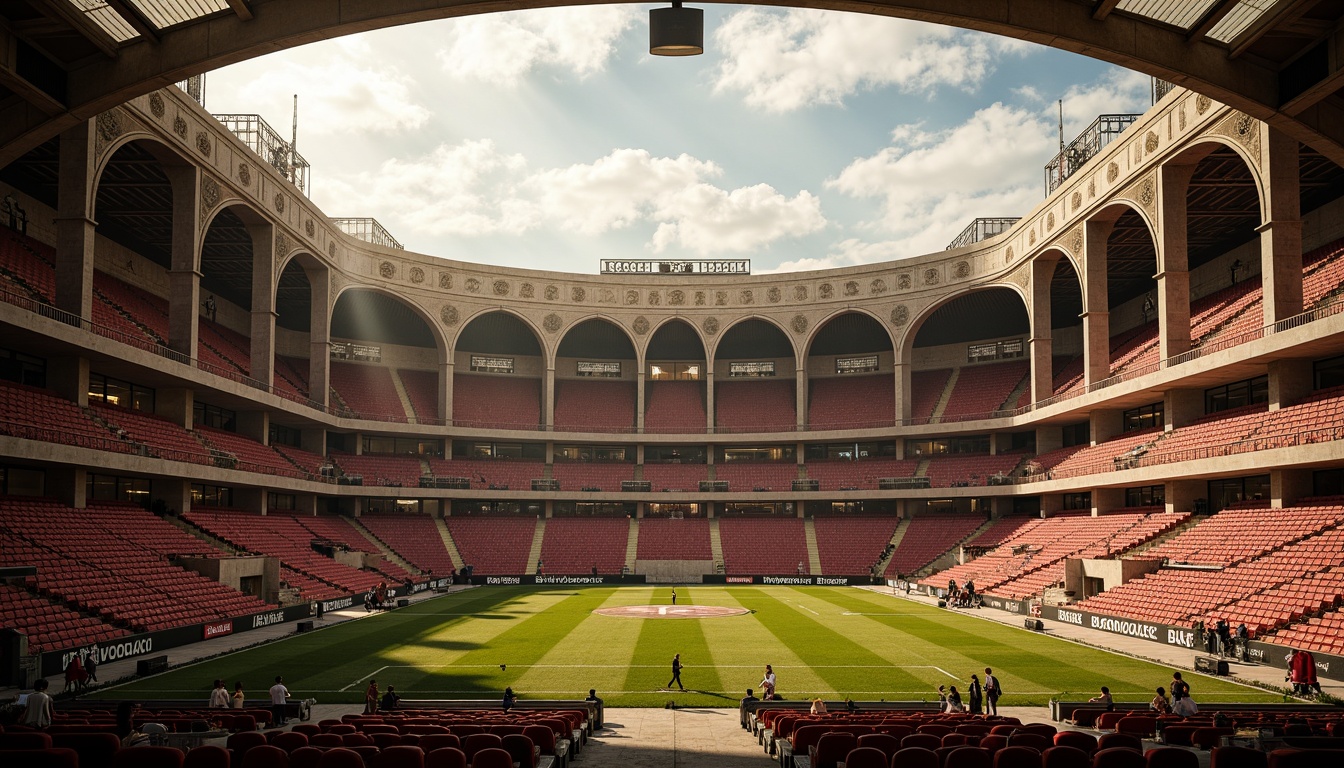 Prompt: Grandiose neoclassical soccer stadium, ornate stone fa\u00e7ade, majestic arches, imposing columns, regal balconies, luxurious VIP suites, plush velvet seats, polished wooden benches, intricate ironwork railings, vintage-inspired signage, nostalgic color scheme, warm golden lighting, shallow depth of field, 1/2 composition, symmetrical layout, realistic textures, ambient occlusion.