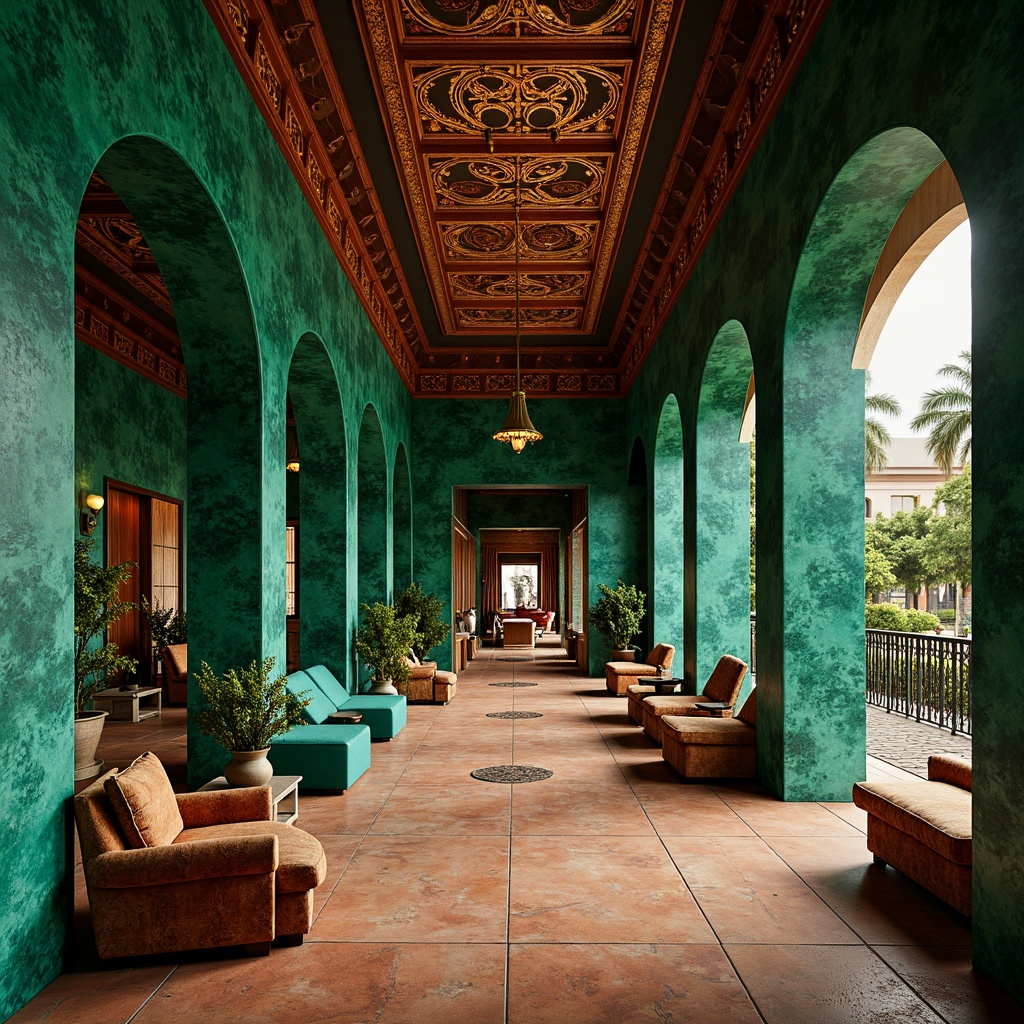 Prompt: Rich malachite green walls, ornate copper accents, earthy terracotta floors, natural stone textures, intricate geometric patterns, Moroccan-inspired arches, vibrant turquoise highlights, luxurious velvet fabrics, warm golden lighting, shallow depth of field, 1/1 composition, realistic reflections, ambient occlusion, modern eclectic architecture, boutique hotel lobby, upscale residential interior, exotic Middle Eastern influences.