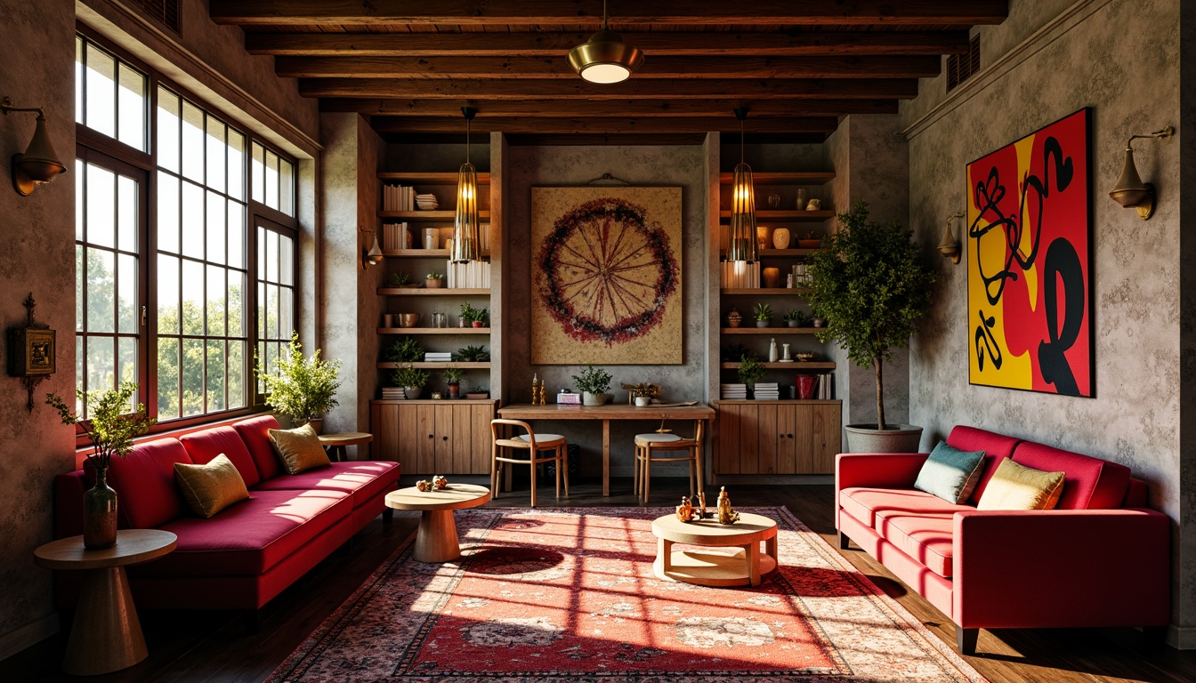 Prompt: Vibrant eclectic interior, rich velvet fabrics, distressed wood accents, ornate metal fixtures, bold colorful patterns, abstract artwork, statement lighting fixtures, plush area rugs, vintage decorative items, warm golden lighting, shallow depth of field, 1/1 composition, realistic textures, ambient occlusion, soft focus effect.