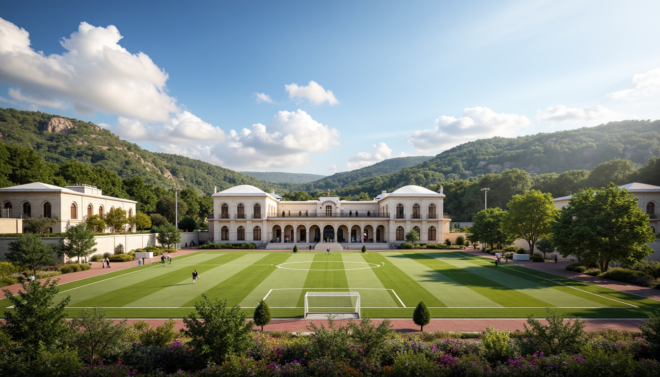 Prompt: Grand neoclassical soccer stadium, symmetrical fa\u00e7ade, ornate columns, arches, domed roof, lush greenery, vibrant flowers, rolling hills, natural stone walls, manicured lawns, walking paths, scenic overlooks, tranquil atmosphere, warm sunny day, soft diffused lighting, shallow depth of field, 3/4 composition, panoramic view, realistic textures, ambient occlusion, tiered seating, athletic track, soccer field, goalposts, scoreboard, stadium lights, grand entrance gates.