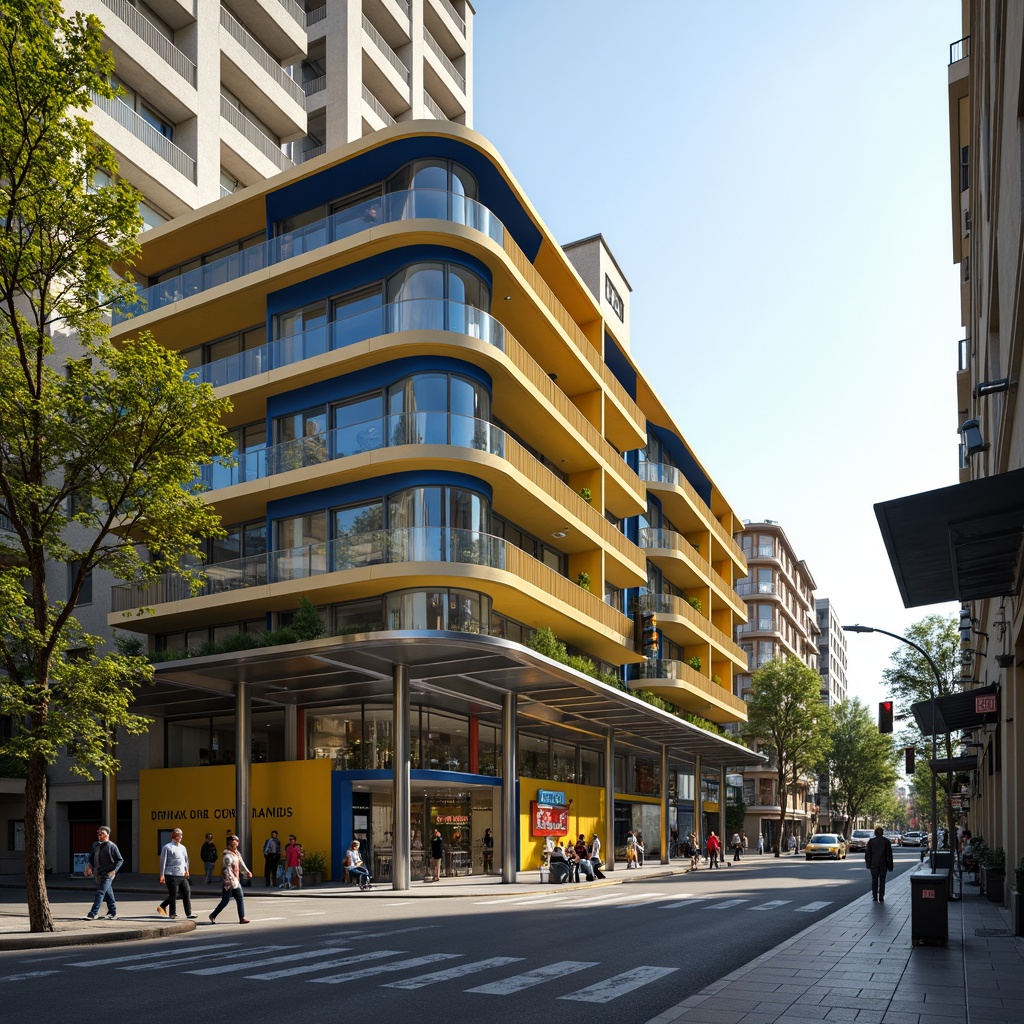 Prompt: Vibrant bus station, modern architecture, bold color scheme, bright yellow accents, deep blue tones, neutral beige walls, sleek metal frames, glass roofs, natural stone floors, urban cityscape, busy streets, morning sunlight, soft warm lighting, shallow depth of field, 3/4 composition, panoramic view, realistic textures, ambient occlusion.