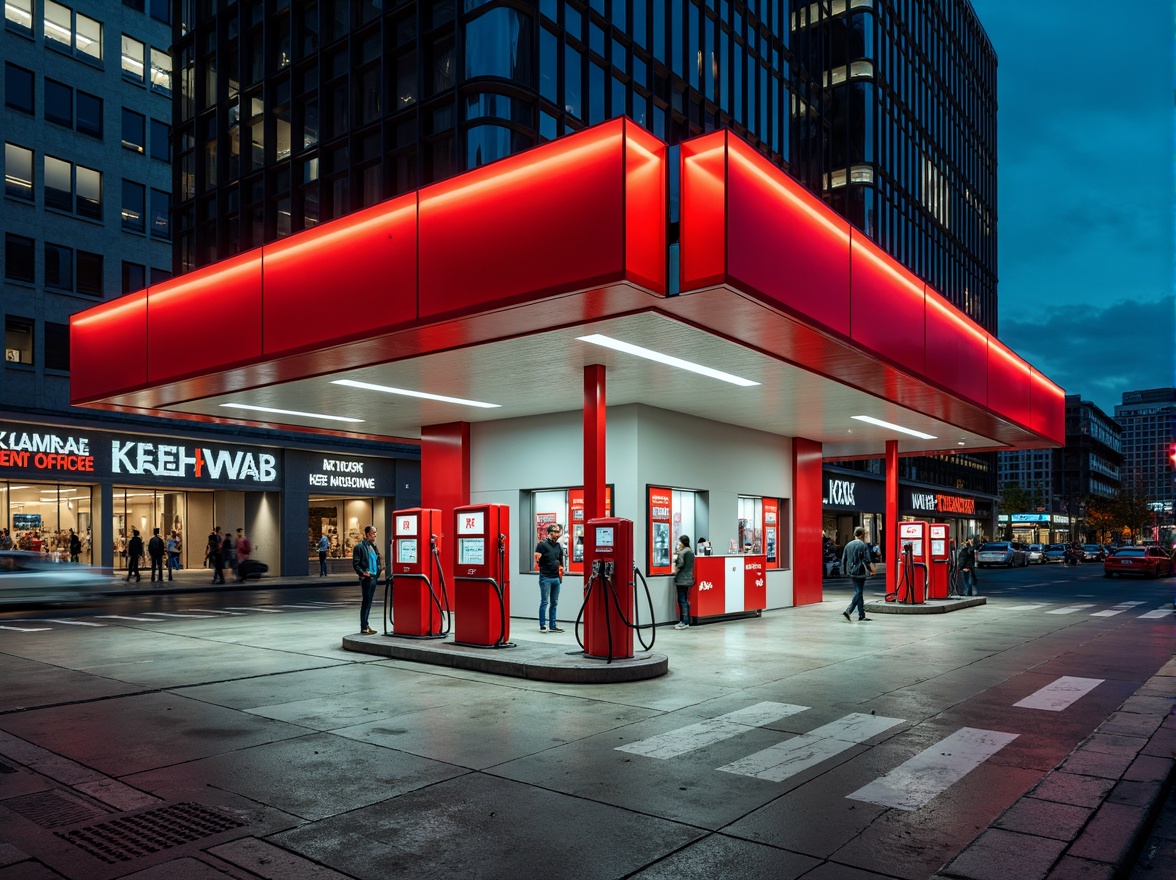 Prompt: Retro-futuristic gas station, bold primary colors, bright red pumps, sleek chrome accents, geometric shapes, angular lines, minimalist signage, neon lights, urban cityscape, busy streets, concrete roads, modernist architecture, brutalist design, industrial materials, metallic textures, high-contrast lighting, dramatic shadows, 1/1 composition, symmetrical framing, vibrant color grading, stylized reflections.