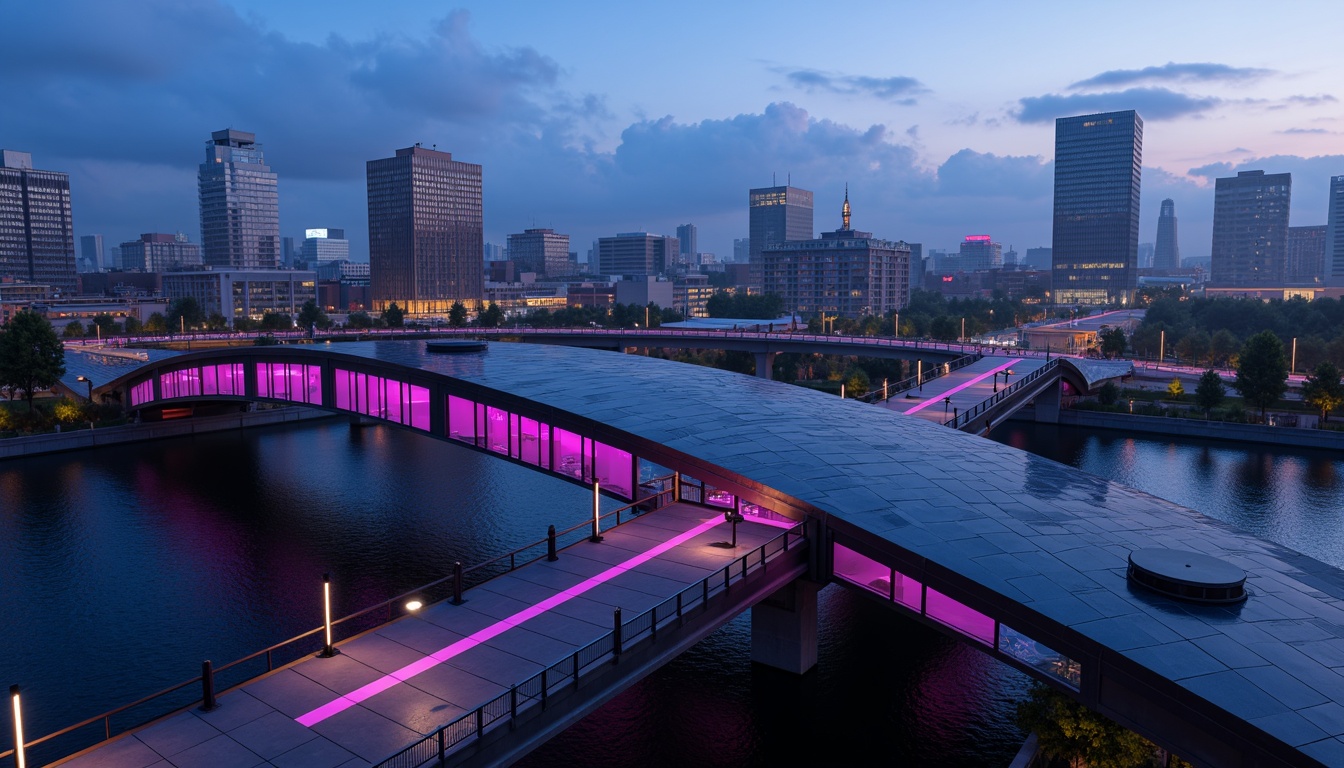 Prompt: Futuristic bridge architecture, sleek metal structures, neon-lit accents, vibrant LED lights, dark blues and purples, metallic silvers and chromes, high-gloss finishes, geometric patterns, angular lines, minimalist design, modern urban landscape, cityscape at dusk, misty atmosphere, soft warm lighting, shallow depth of field, 3/4 composition, panoramic view, realistic textures, ambient occlusion.