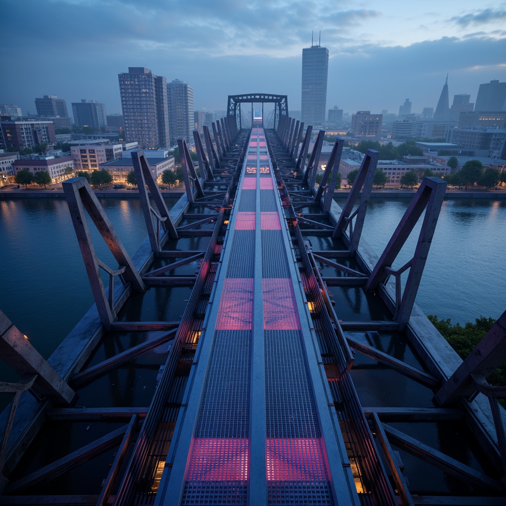 Prompt: Futuristic bridge architecture, sleek metal structures, neon-lit accents, vibrant LED lights, dark blues and purples, metallic silvers and chromes, high-gloss finishes, geometric patterns, angular lines, minimalist design, modern urban landscape, cityscape at dusk, misty atmosphere, soft warm lighting, shallow depth of field, 3/4 composition, panoramic view, realistic textures, ambient occlusion.