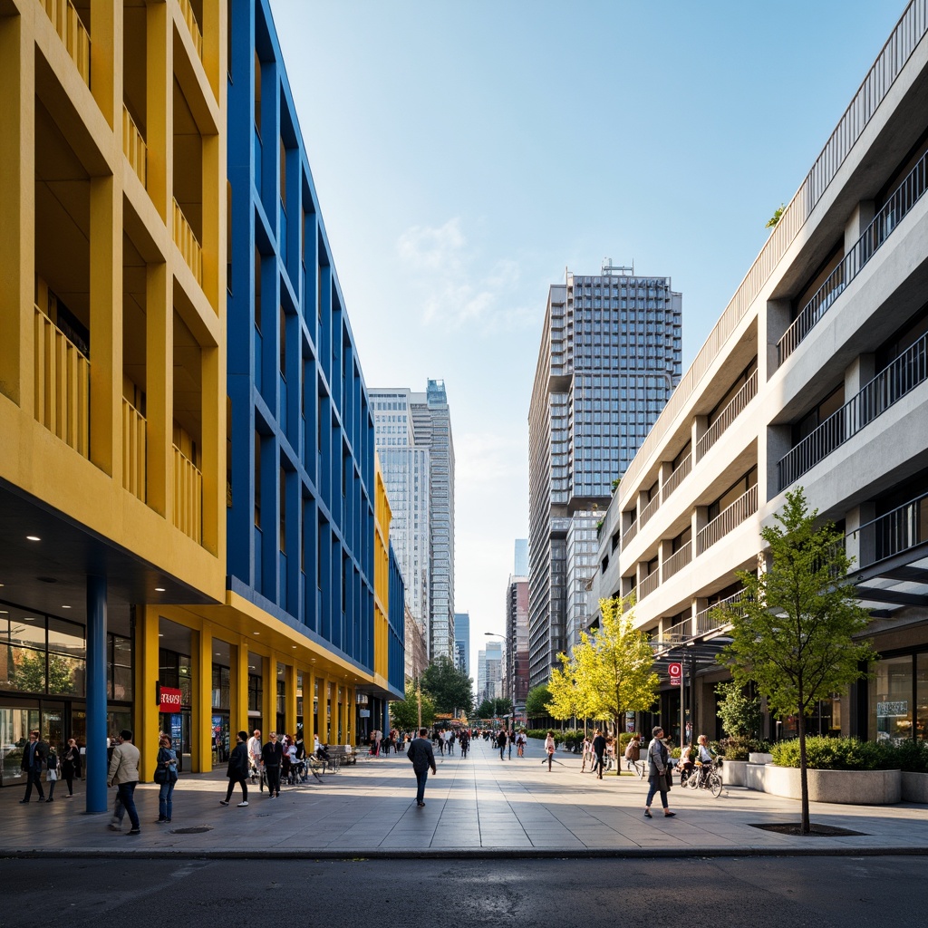 Prompt: Vibrant bus station, modern architecture, bold color scheme, bright yellow accents, deep blue tones, neutral beige walls, sleek metal frames, glass roofs, natural stone floors, urban cityscape, busy streets, morning sunlight, soft warm lighting, shallow depth of field, 3/4 composition, panoramic view, realistic textures, ambient occlusion.