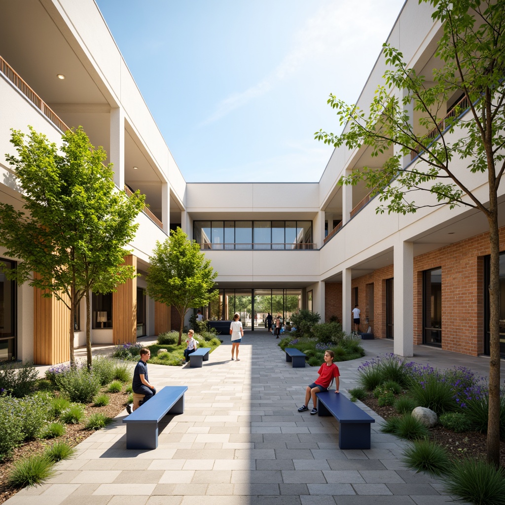 Prompt: Calming middle school courtyard, soft beige walls, crisp white accents, warm wooden tones, subtle gray concrete, vibrant greenery, playful blue benches, educational signage, natural stone pathways, modern minimalist architecture, large windows, sliding glass doors, blooming trees, sunny day, soft warm lighting, shallow depth of field, 3/4 composition, panoramic view, realistic textures, ambient occlusion.