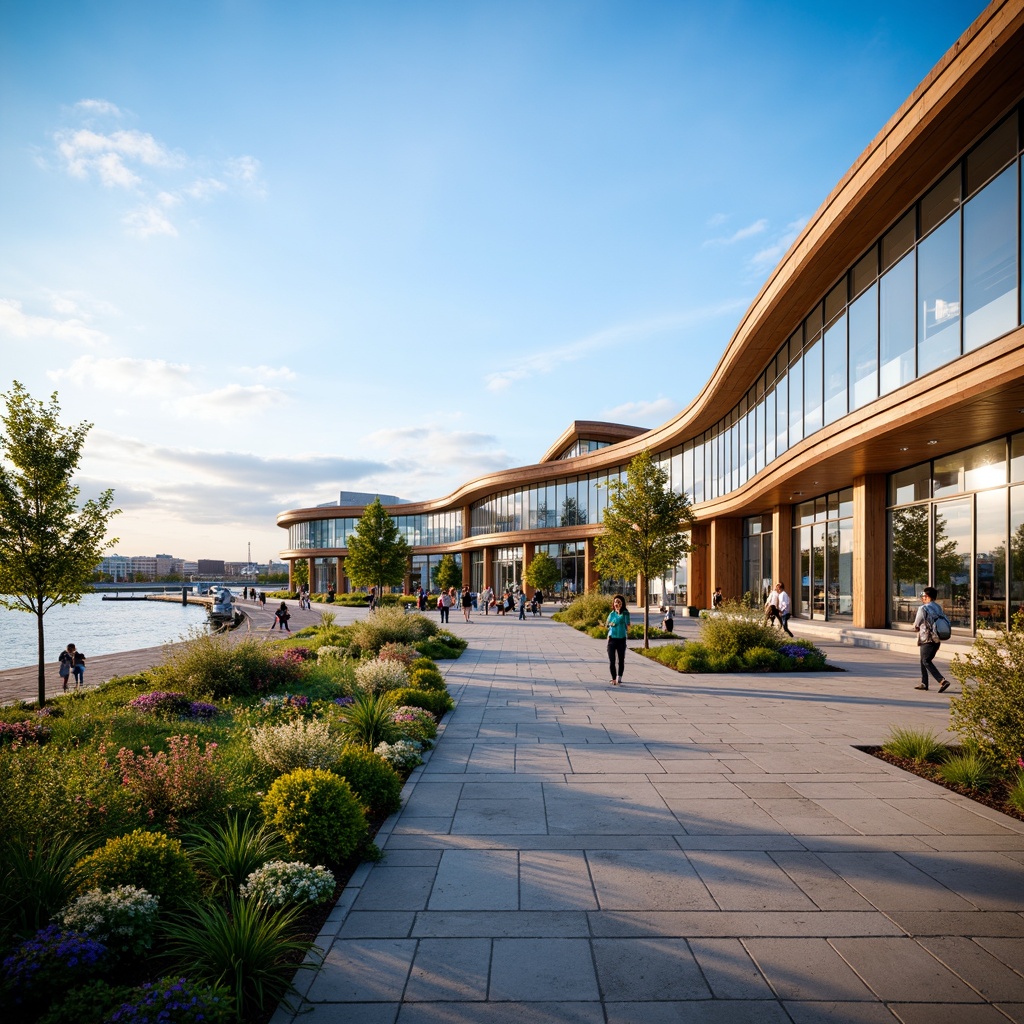 Prompt: Lakefront bus station, modern curved lines, glass fa\u00e7ade, reflective surfaces, nautical-themed design elements, wave-inspired rooflines, waterfront promenade, pedestrian walkways, lush greenery, vibrant flowers, natural stone walls, wooden accents, warm lighting, shallow depth of field, 3/4 composition, panoramic view, realistic textures, ambient occlusion.