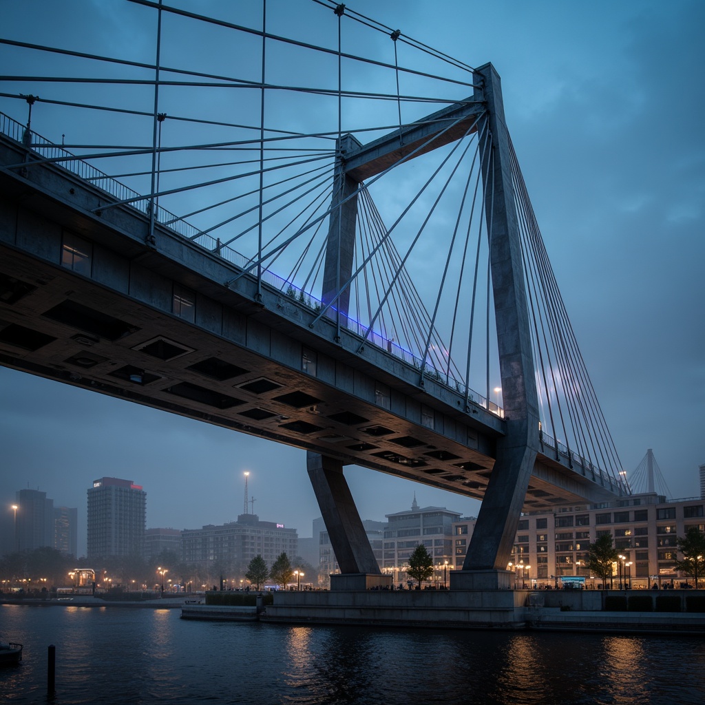 Prompt: Futuristic bridge architecture, sleek metal beams, suspension cables, angular piers, modern high-tech style, LED lighting systems, neon-lit nighttime scenes, urban cityscape, misty atmospheric effects, shallow depth of field, 3/4 composition, panoramic view, realistic metallic textures, ambient occlusion, reinforced concrete foundations, cantilevered sections, asymmetrical design, dynamic shapes, innovative materials, advanced engineering solutions, safety railings, pedestrian walkways, vehicle traffic lanes.