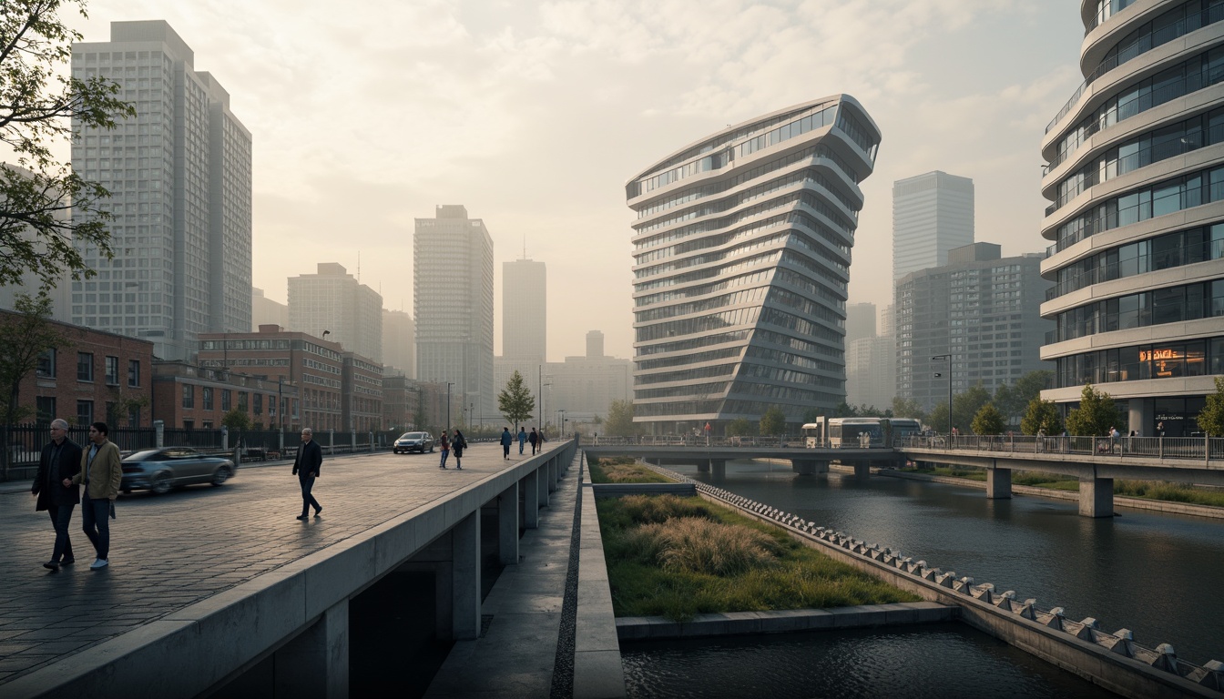 Prompt: Sleek bridge facades, high-tech architecture, metallic materials, LED lighting systems, futuristic curves, angular lines, reflective glass surfaces, cantilevered structures, urban cityscape, misty morning atmosphere, soft warm lighting, shallow depth of field, 1/1 composition, panoramic view, realistic textures, ambient occlusion.