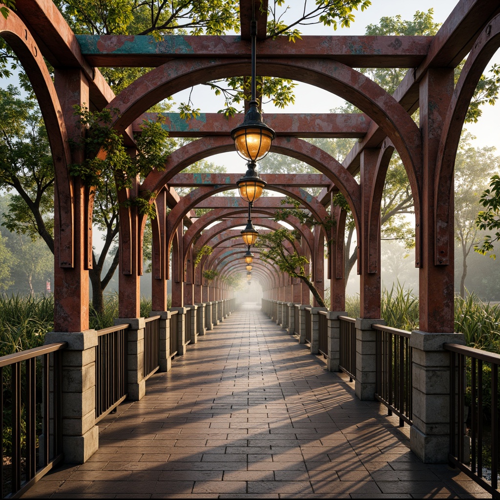 Prompt: Ornate pedestrian bridge, eclectic mix of materials, rusty metal beams, wooden planks, stone pillars, intricate ironwork, curved arches, ornamental lanterns, vibrant color scheme, bold geometric patterns, asymmetrical design, dynamic shapes, playful lighting fixtures, warm golden lighting, misty atmosphere, serene water reflections, lush greenery surroundings, natural stone walkways, 3/4 composition, shallow depth of field, realistic textures, ambient occlusion.