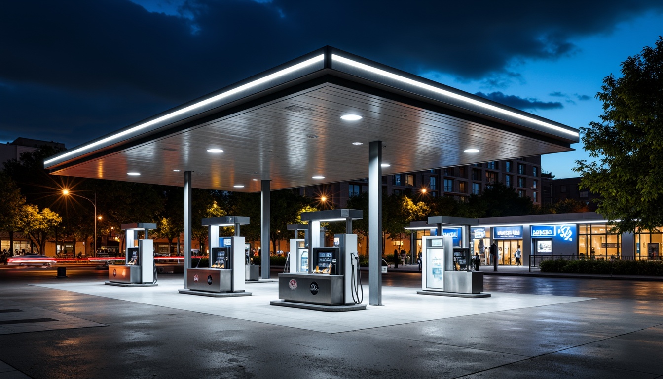 Prompt: Modern gas station, sleek metal canopy, LED lighting, polished concrete floors, stainless steel fuel pumps, glass and aluminum fa\u00e7ade, industrial-style signage, urban landscape, busy streets, vibrant city lights, dramatic nighttime illumination, high-contrast shadows, 1/1 composition, shallow depth of field, realistic reflections, ambient occlusion.