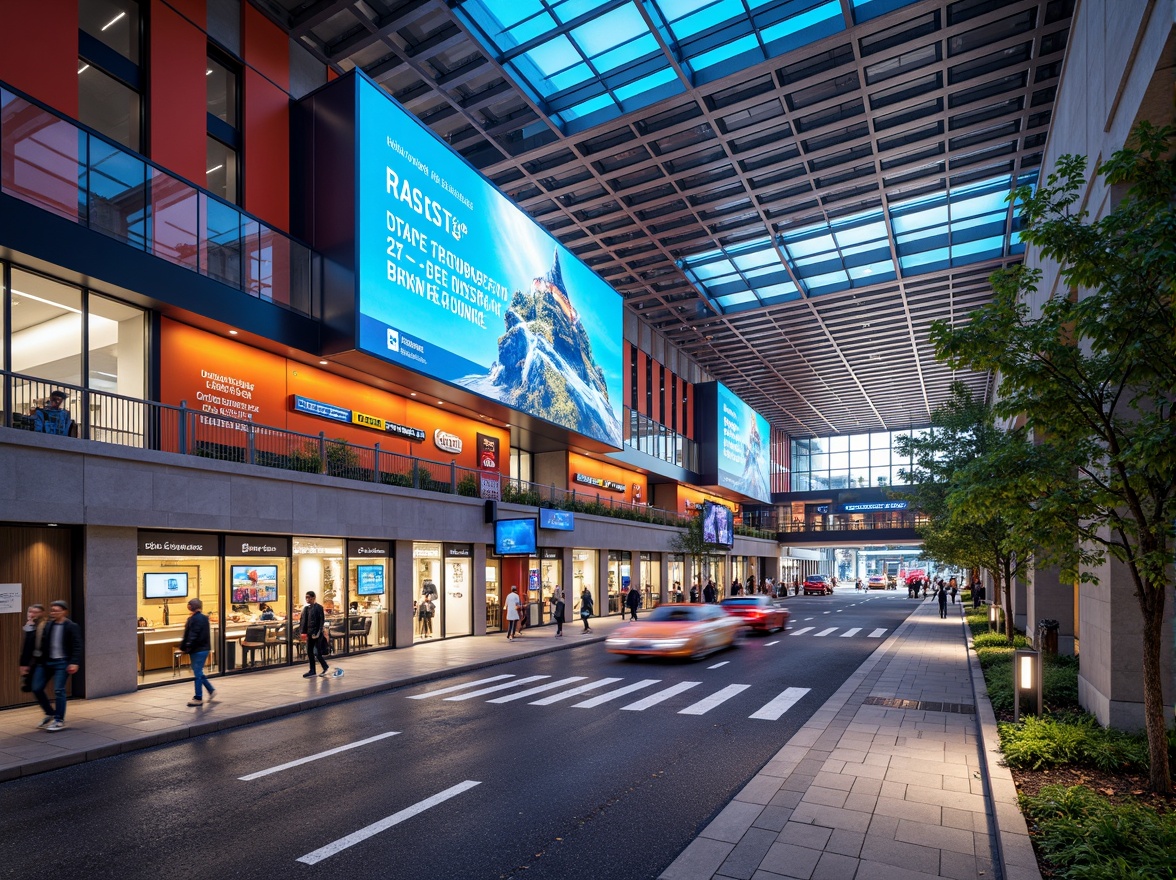 Prompt: Vibrant transportation hub, bold color scheme, dynamic signage, futuristic architecture, sleek metal structures, LED lighting systems, modern urban planning, bustling city atmosphere, rush hour scenes, busy pedestrian walkways, efficient traffic flow, innovative wayfinding systems, interactive digital displays, real-time information updates, comfortable waiting areas, ample natural light, airy open spaces, sustainable building materials, eco-friendly design elements, 1/1 composition, shallow depth of field, soft warm lighting.