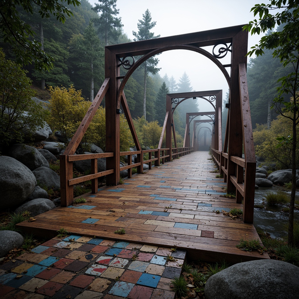 Prompt: Rustic steel bridges, eclectic mix of materials, distressed wood planks, ornate metal railings, vibrant colorful tiles, intricate stonework, rough-hewn boulders, industrial pipes, reclaimed wooden accents, ornamental ironwork, dynamic lighting effects, misty atmospheric conditions, soft warm glow, shallow depth of field, 1/1 composition, realistic textures, ambient occlusion.