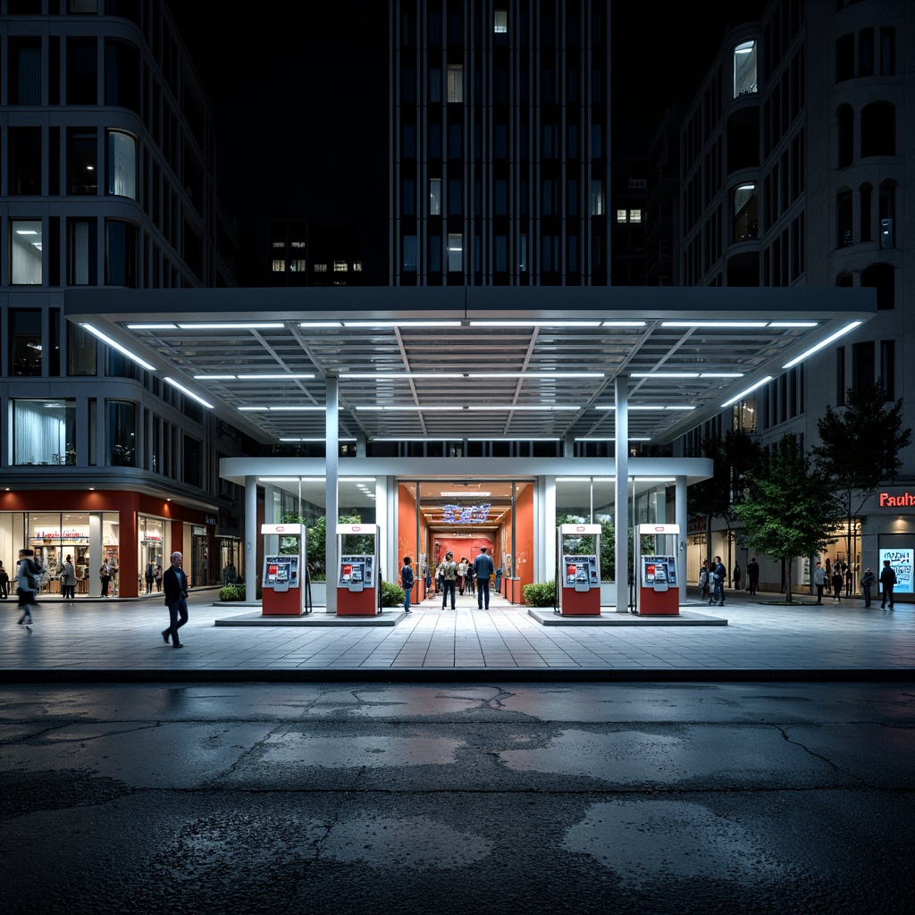 Prompt: Modern gas station, sleek metal canopy, LED lighting, stainless steel fuel pumps, concrete pavement, asphalt roads, urban landscape, busy streets, neon signage, bold color schemes, industrial materials, corrugated metal walls, glass fa\u00e7ade, minimalist design, functional layout, efficient traffic flow, safety features, emergency response systems, floodlighting, shallow depth of field, 1/1 composition, realistic textures, ambient occlusion.