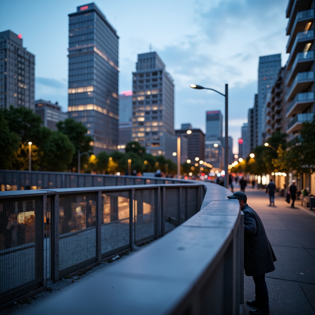 Prompt: Curved pedestrian bridge, sleek metal railings, minimalist design, modern urban landscape, city skyline views, vibrant streetlights, evening ambiance, soft warm glow, shallow depth of field, 3/4 composition, panoramic view, realistic textures, ambient occlusion, dynamic shapes, geometric forms, structural elegance, functional simplicity, pedestrian-friendly infrastructure, accessible walkways, safety features, innovative materials, sustainable construction methods.