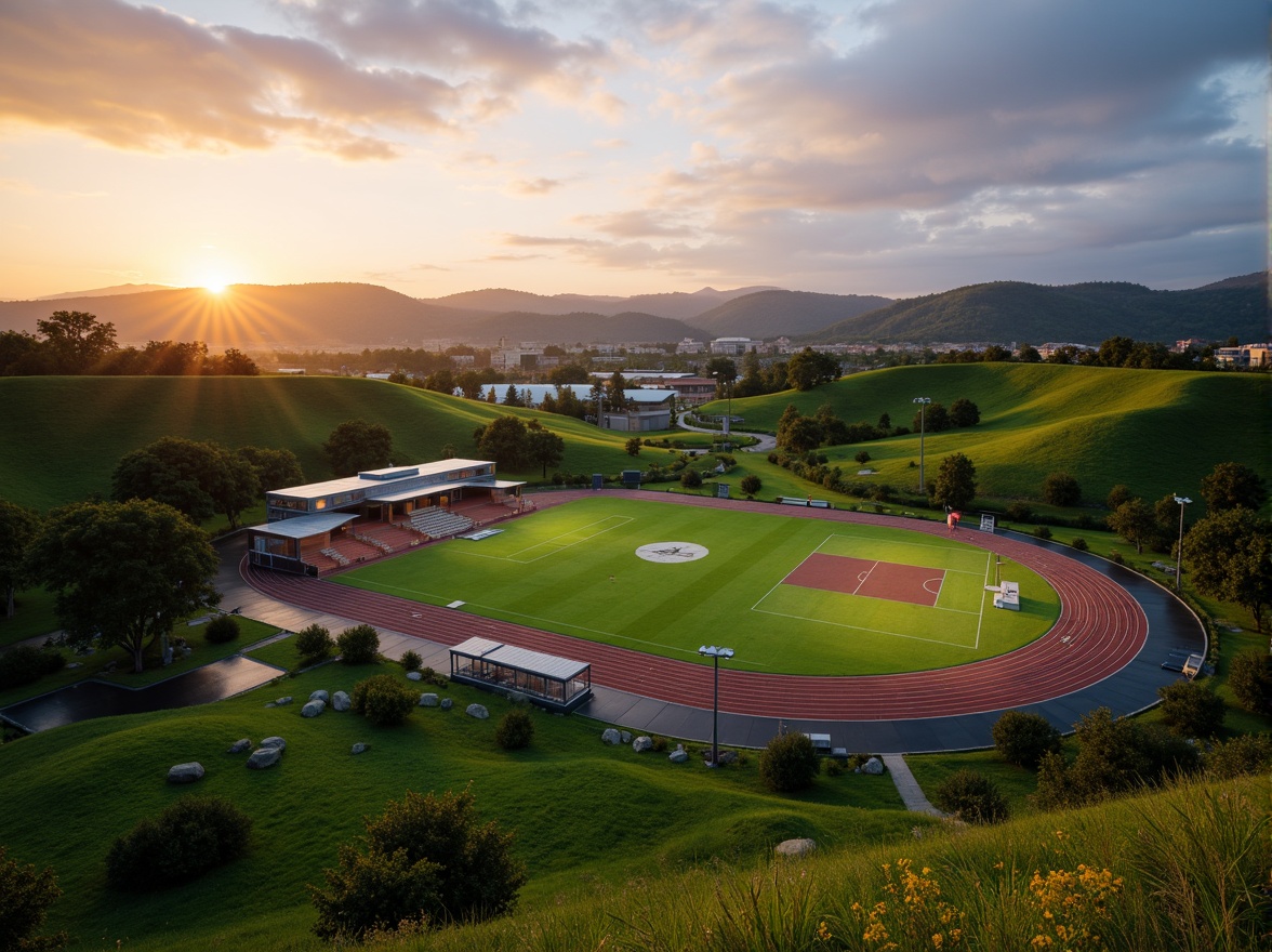 Prompt: Rolling hills, lush green grass, athletic tracks, soccer fields, basketball courts, tennis courts, baseball diamonds, vibrant stadium lights, evening sunset, warm golden lighting, shallow depth of field, 3/4 composition, panoramic view, realistic textures, ambient occlusion, modern sports facilities, sleek metal bleachers, minimalist design, sustainable drainage systems, rainwater harvesting, eco-friendly turf, innovative irrigation technologies, shaded spectator areas, misting systems, dynamic scoreboard displays.