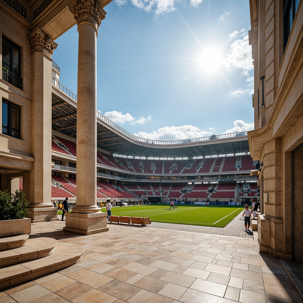 Prompt: Grandiose soccer stadium, neoclassical fa\u00e7ade, ornate columns, architraves, pediments, grand entrance, sweeping staircases, elegant balconies, rusticated stone walls, symmetrical composition, classical proportions, monumental scale, natural stone flooring, polished marble surfaces, intricate moldings, decorative friezes, athletic track, lush green grass, vibrant team colors, sunny day, soft warm lighting, shallow depth of field, 3/4 composition, panoramic view, realistic textures, ambient occlusion.