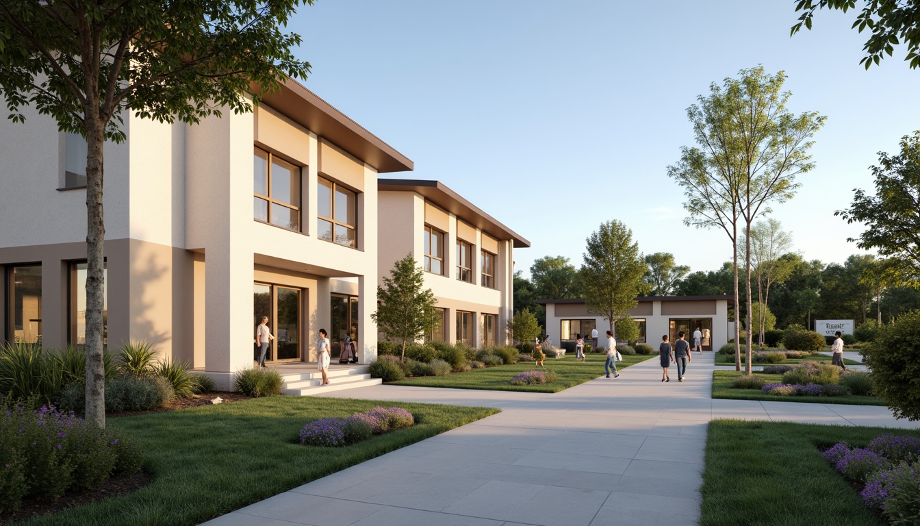 Prompt: Simple middle school facade, clean lines, minimal ornamentation, rectangular shapes, neutral color palette, beige walls, large windows, sliding glass doors, open courtyard, lush greenery, educational signage, modern LED lighting, shallow depth of field, 1/1 composition, realistic textures, ambient occlusion.