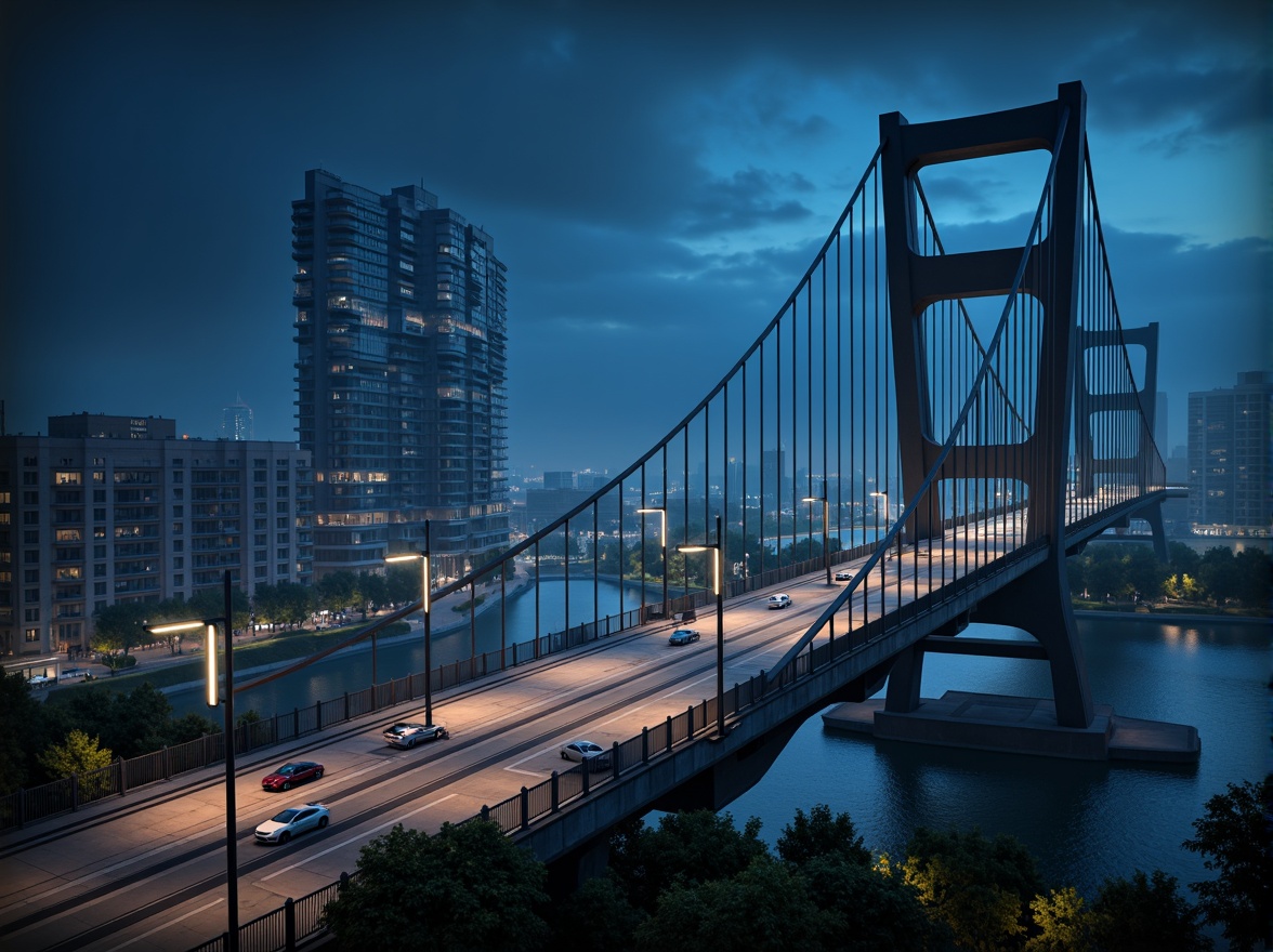 Prompt: Futuristic bridge architecture, sleek metal beams, suspension cables, angular piers, modern high-tech style, LED lighting systems, neon-lit nighttime scenes, urban cityscape, misty atmospheric effects, shallow depth of field, 3/4 composition, panoramic view, realistic metallic textures, ambient occlusion, reinforced concrete foundations, cantilevered sections, asymmetrical design, dynamic shapes, innovative materials, advanced engineering solutions, safety railings, pedestrian walkways, vehicle traffic lanes.