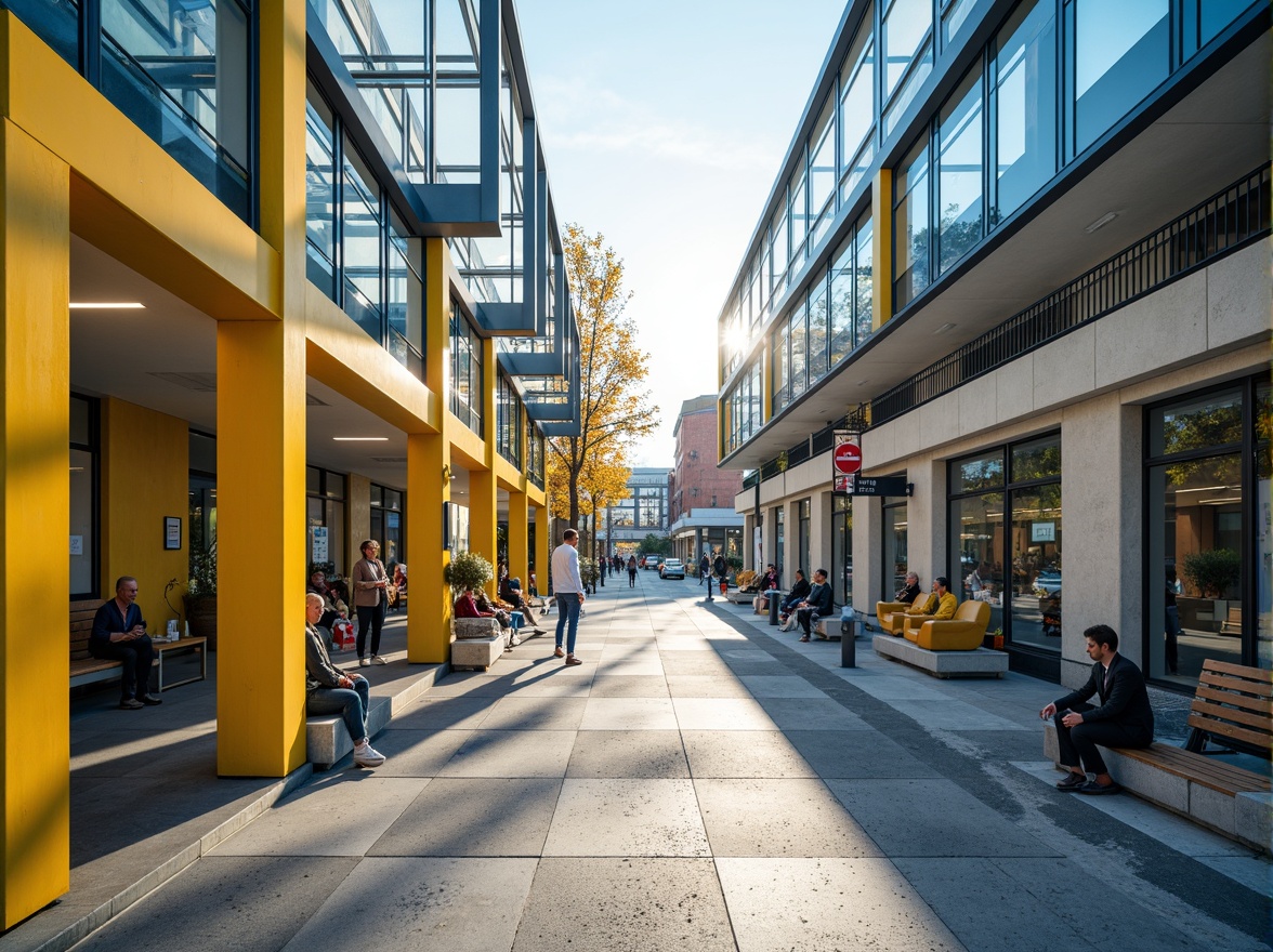 Prompt: Vibrant bus station, modern architecture, bold color scheme, bright yellow accents, deep blue tones, neutral beige walls, sleek metal frames, glass roofs, natural stone floors, urban cityscape, busy streets, morning sunlight, soft warm lighting, shallow depth of field, 3/4 composition, panoramic view, realistic textures, ambient occlusion.