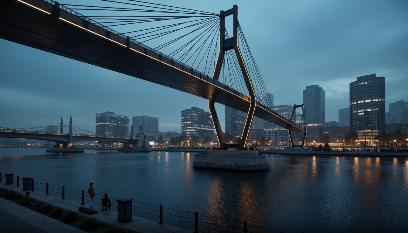 Prompt: Futuristic bridge architecture, sleek metal beams, suspension cables, angular piers, modern high-tech style, LED lighting systems, neon-lit nighttime scenes, urban cityscape, misty atmospheric effects, shallow depth of field, 3/4 composition, panoramic view, realistic metallic textures, ambient occlusion, reinforced concrete foundations, cantilevered sections, asymmetrical design, dynamic shapes, innovative materials, advanced engineering solutions, safety railings, pedestrian walkways, vehicle traffic lanes.