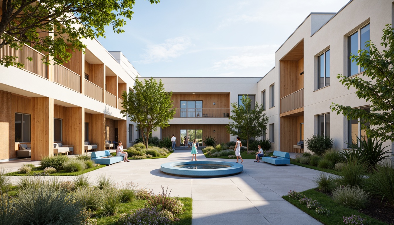 Prompt: Calming middle school courtyard, soft beige walls, crisp white accents, warm wooden tones, subtle gray concrete, vibrant greenery, playful blue benches, educational signage, natural stone pathways, modern minimalist architecture, large windows, sliding glass doors, blooming trees, sunny day, soft warm lighting, shallow depth of field, 3/4 composition, panoramic view, realistic textures, ambient occlusion.