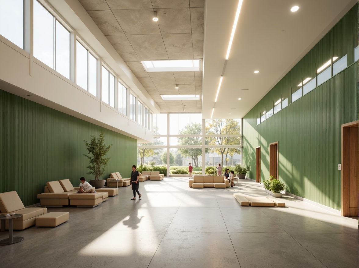 Prompt: Minimalist school building, clean lines, simple shapes, neutral color palette, natural light, clerestory windows, skylights, soft diffused lighting, LED strips, recessed lighting, subtle shadows, polished concrete floors, minimalist furniture, green walls, living plants, calm atmosphere, morning sunlight, gentle warm glow, shallow depth of field, 1/1 composition, realistic textures, ambient occlusion.