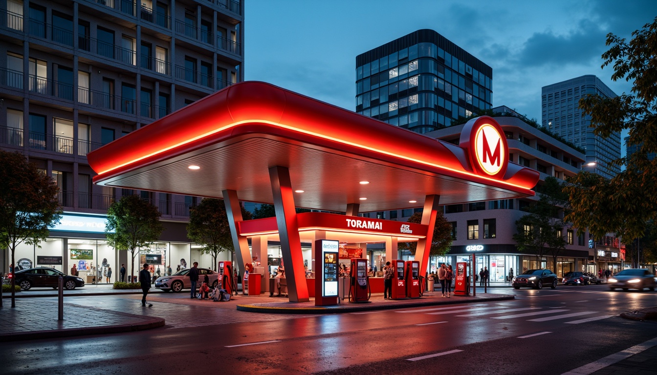 Prompt: Retro-futuristic gas station, bold primary colors, bright red pumps, sleek chrome accents, geometric shapes, angular lines, minimalist signage, neon lights, urban cityscape, busy streets, concrete roads, modernist architecture, brutalist design, industrial materials, metallic textures, high-contrast lighting, dramatic shadows, 1/1 composition, symmetrical framing, vibrant color grading, stylized reflections.