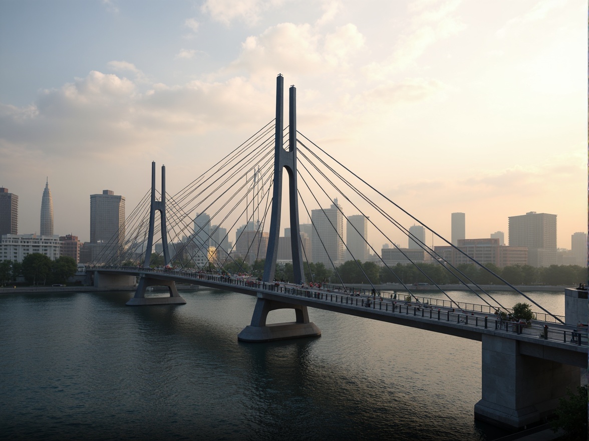 Prompt: Futuristic bridge design, sleek metal structures, high-strength steel cables, durable concrete piers, advanced composite materials, gleaming glass railings, LED lighting systems, dynamic suspension technology, aerodynamic shapes, wind-resistant architecture, urban cityscape, misty morning atmosphere, soft warm lighting, shallow depth of field, 3/4 composition, panoramic view, realistic textures, ambient occlusion.